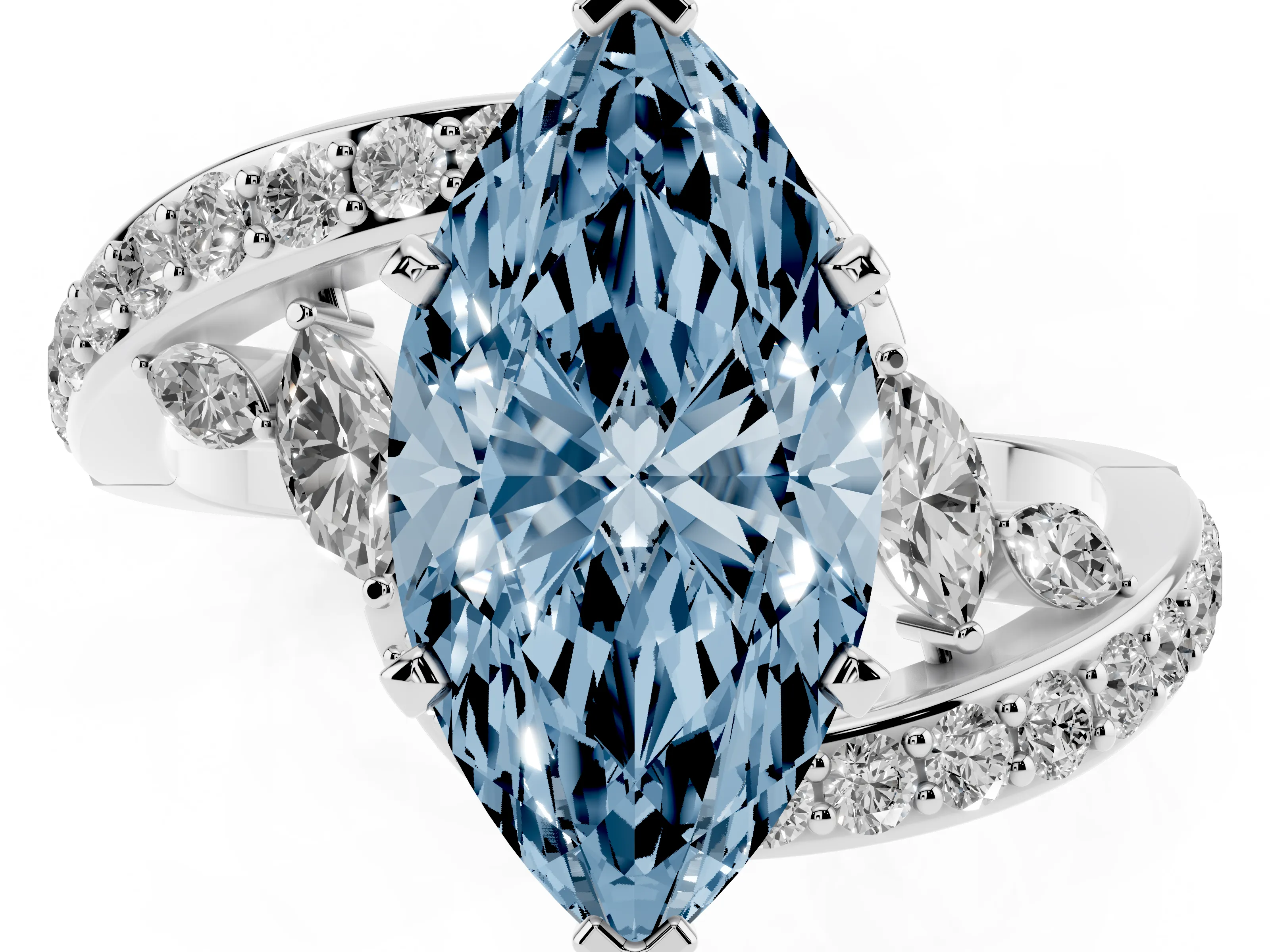 Fancy Blue Marquise Cut Diamond Solitaire Ring Set in White gold with Pavé Twist Band and Secure Prong Setting