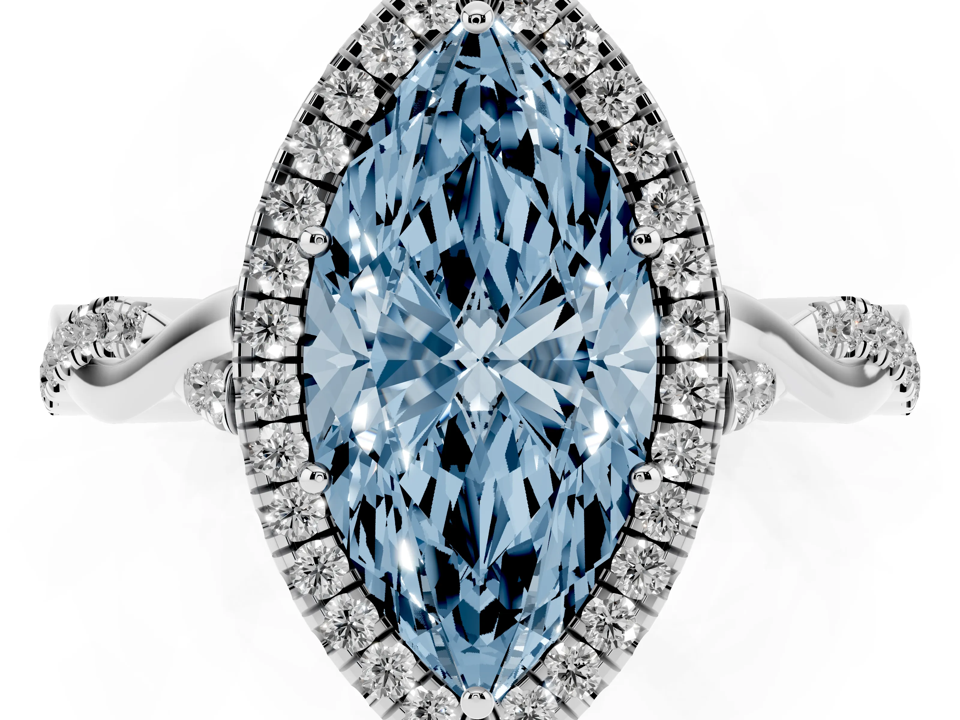 Fancy Blue Marquise Cut Diamond Halo Twist Band Solitaire Ring Set in White gold with Prong Setting