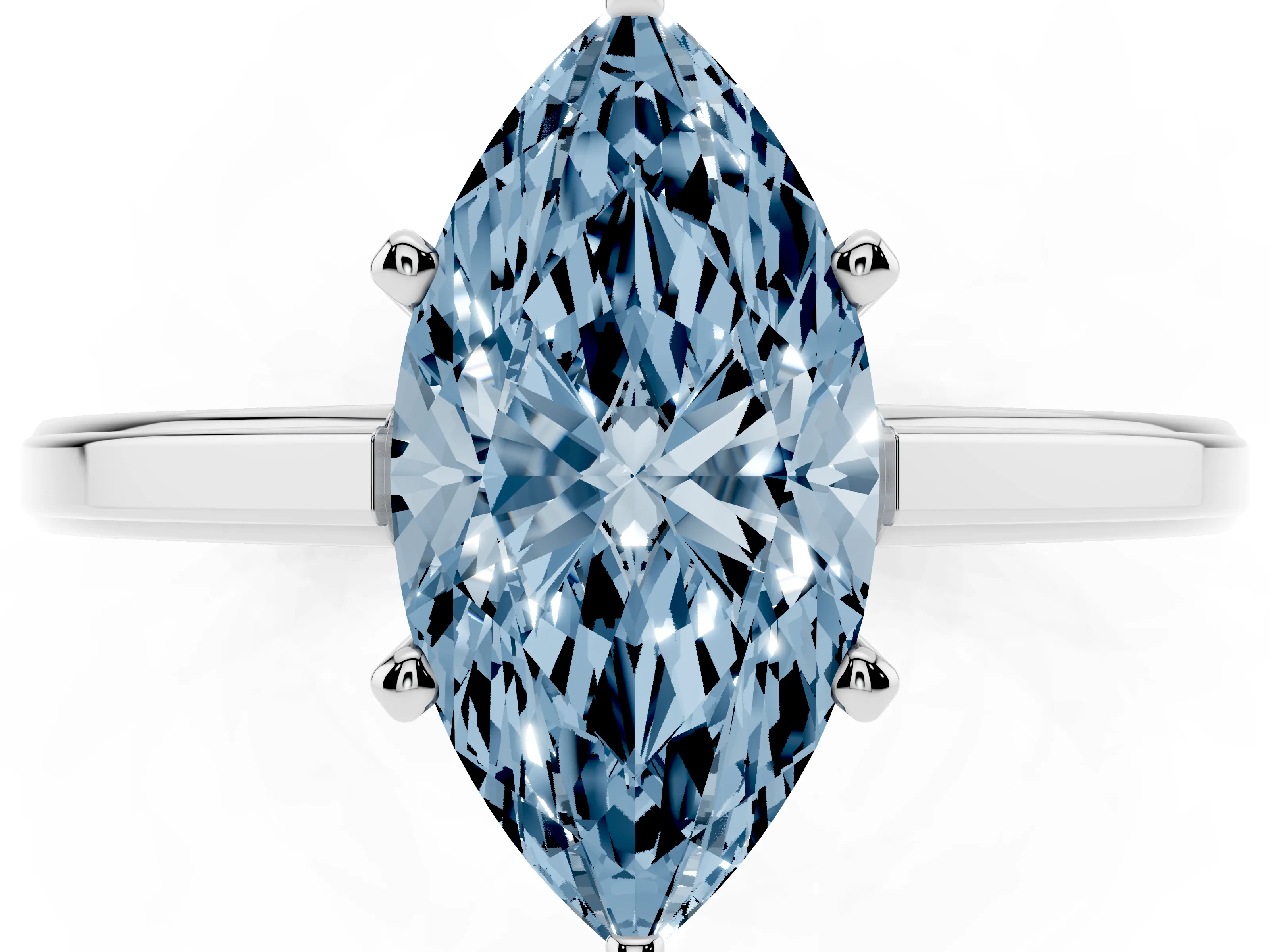 Fancy Blue Marquise Cut Diamond Solitaire Ring Set in Platinum with Prong Setting and Classic Band