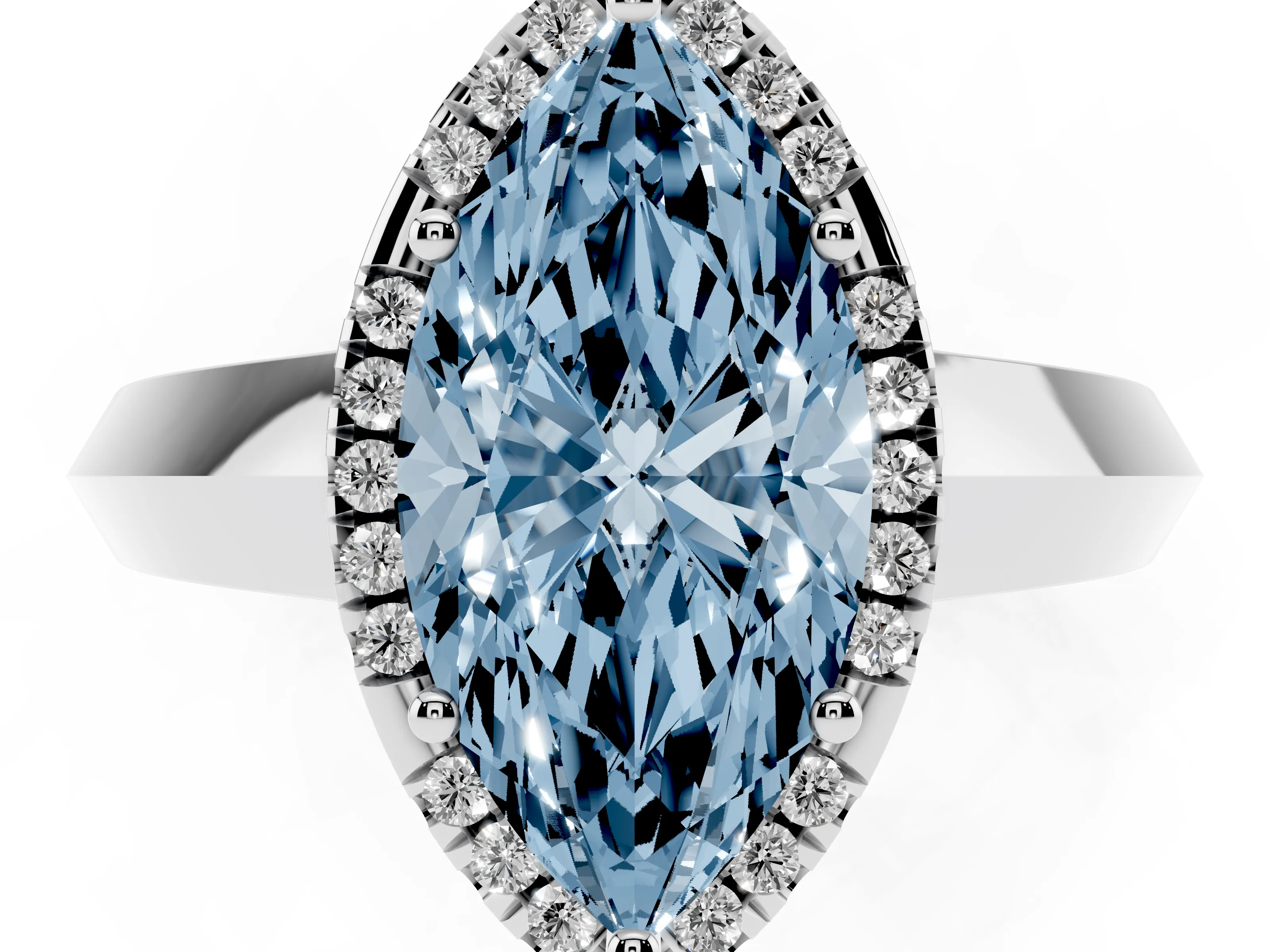 Fancy Blue Marquise Cut Diamond Halo Ring Set in White gold with Cathedral Band and Prong Setting