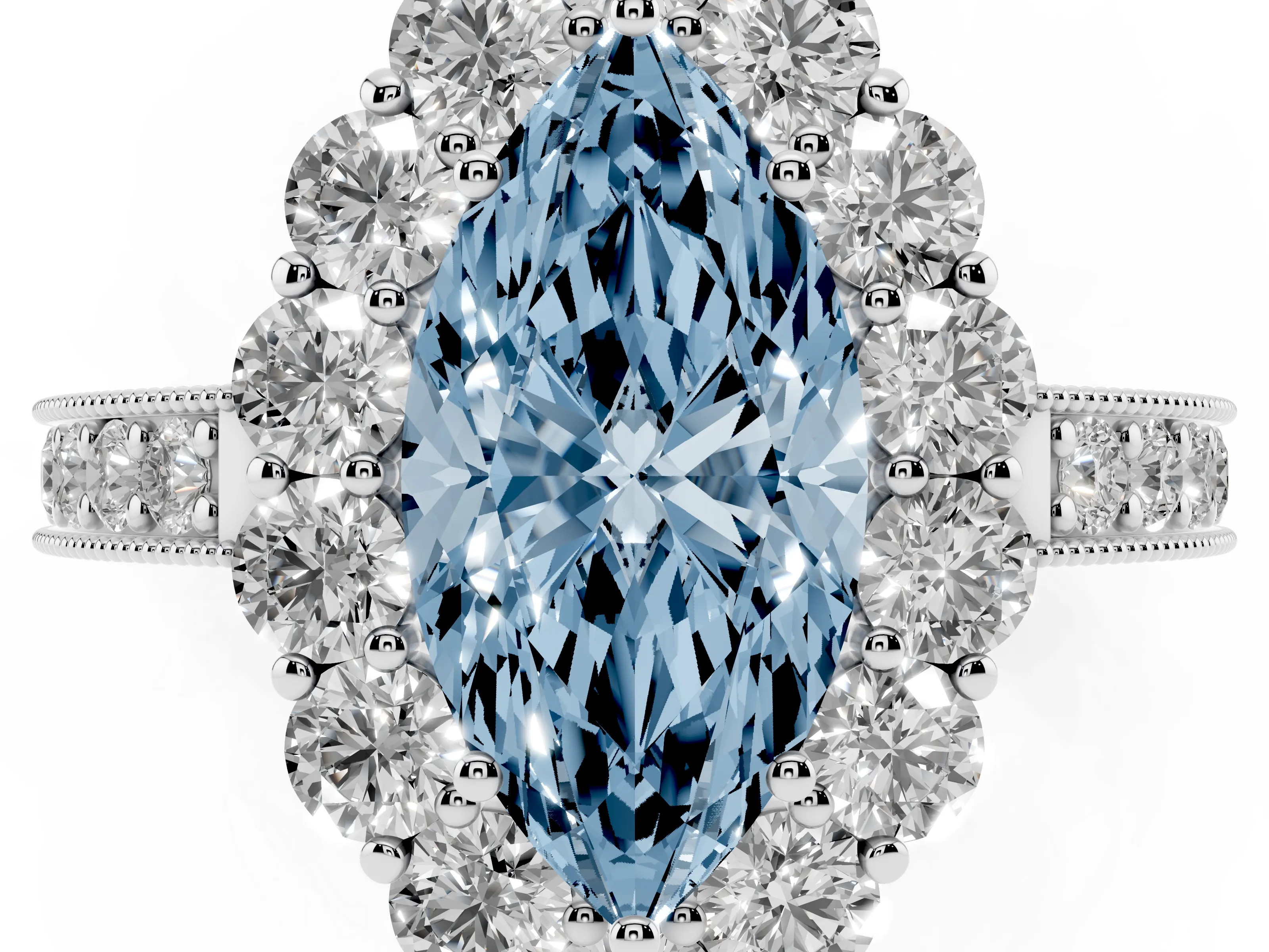 Fancy Blue Marquise Cut Diamond Halo Pavé Engagement Ring Set in Platinum with Milgrain Detailing