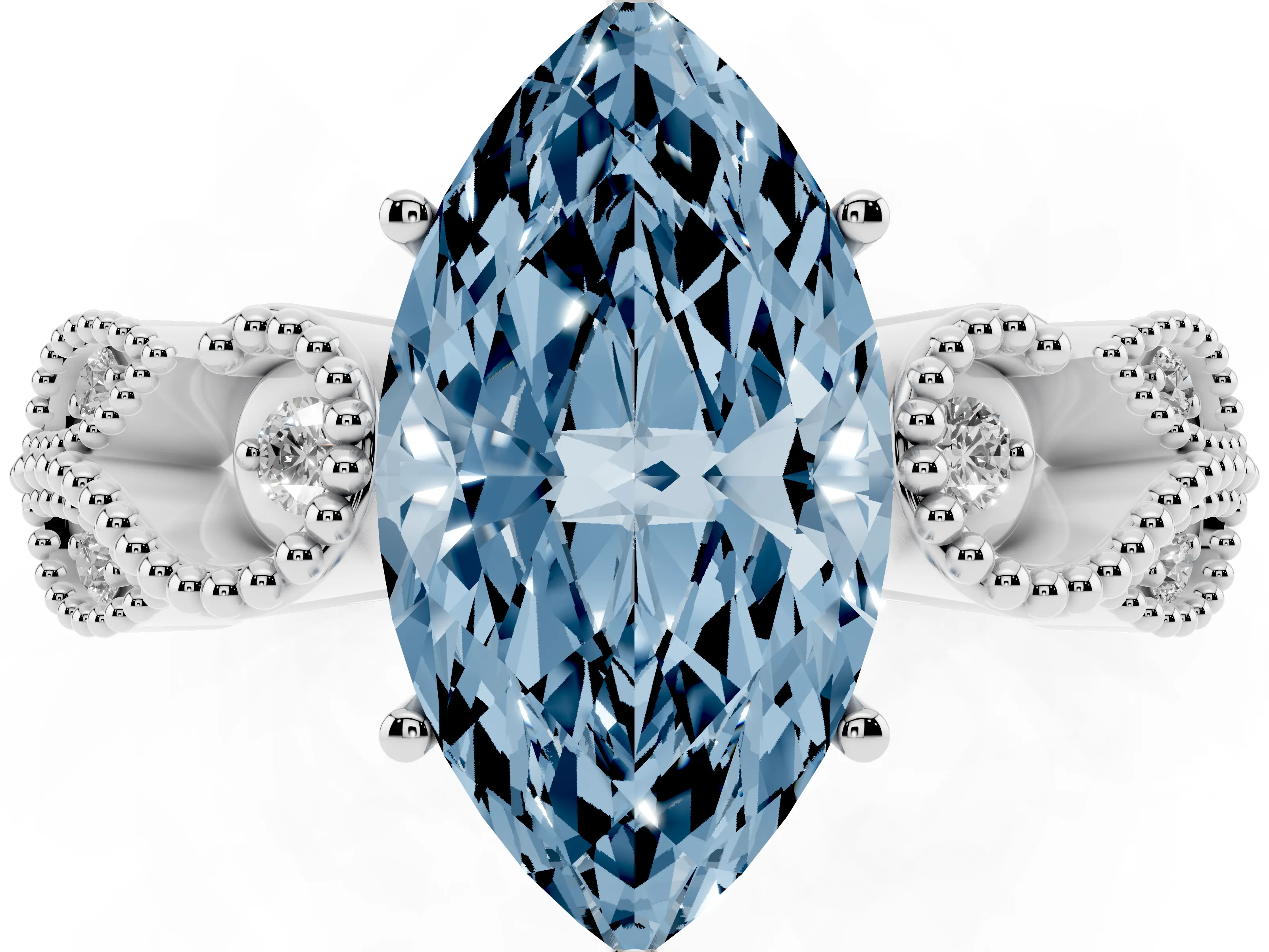 Fancy Blue Marquise Cut Diamond Milgrain Leaf Band Solitaire Ring Set in Platinum with Accent Stones and Prong Setting