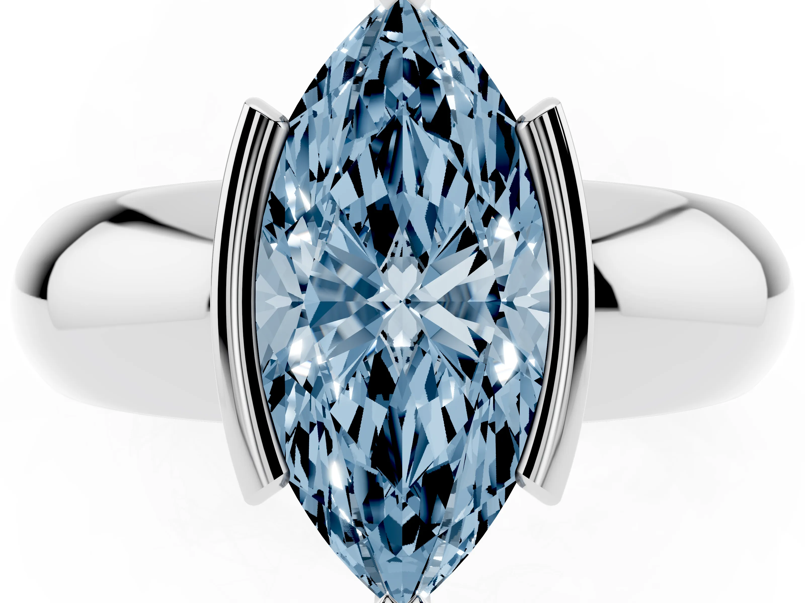 Fancy Blue Marquise Cut Diamond Solitaire Tension Set Ring Set in Platinum with Wide Band