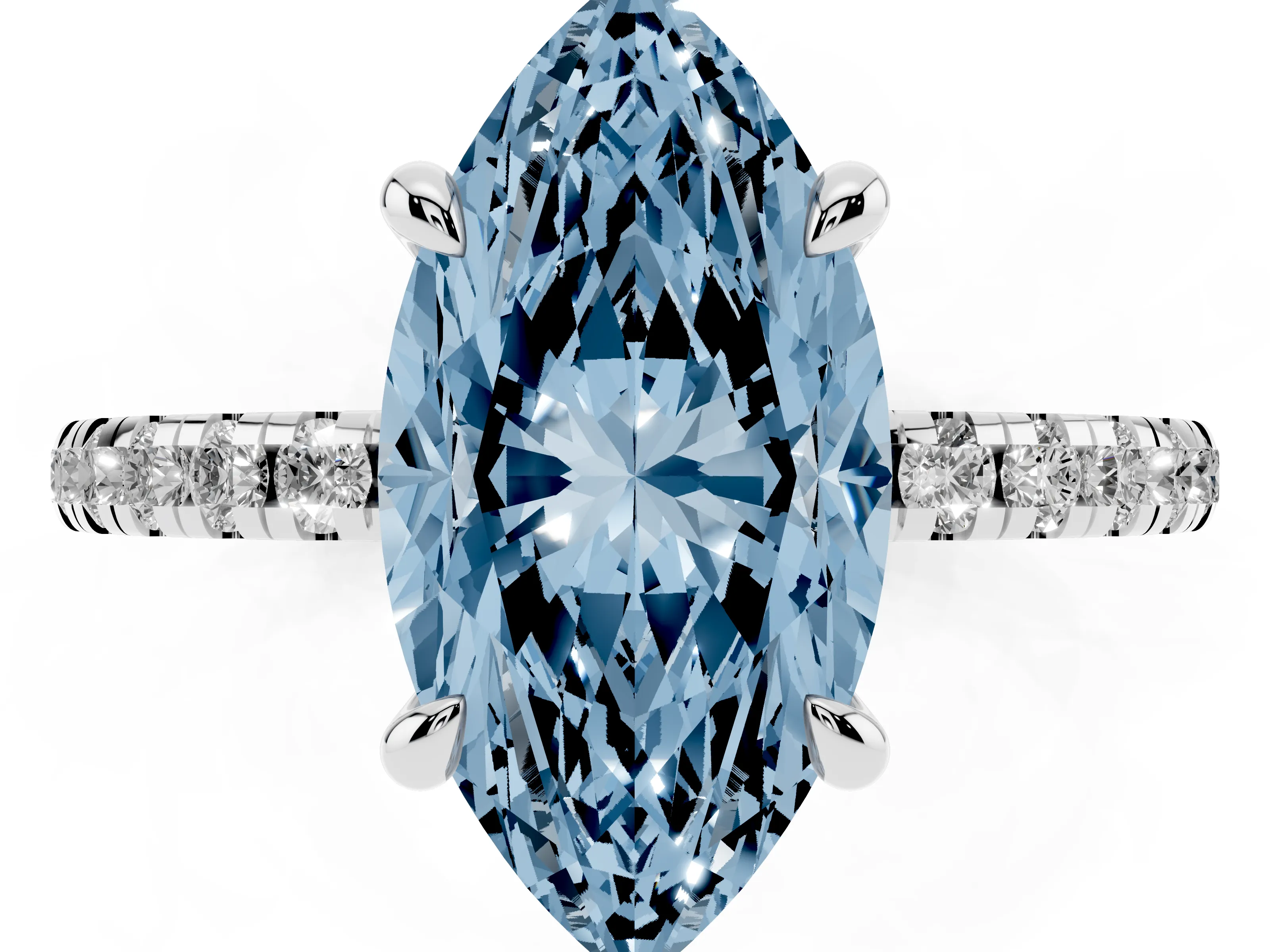 Fancy Blue Marquise Cut Diamond Brilliant Solitaire Ring Set in White gold with Pavé Band and Prong Setting