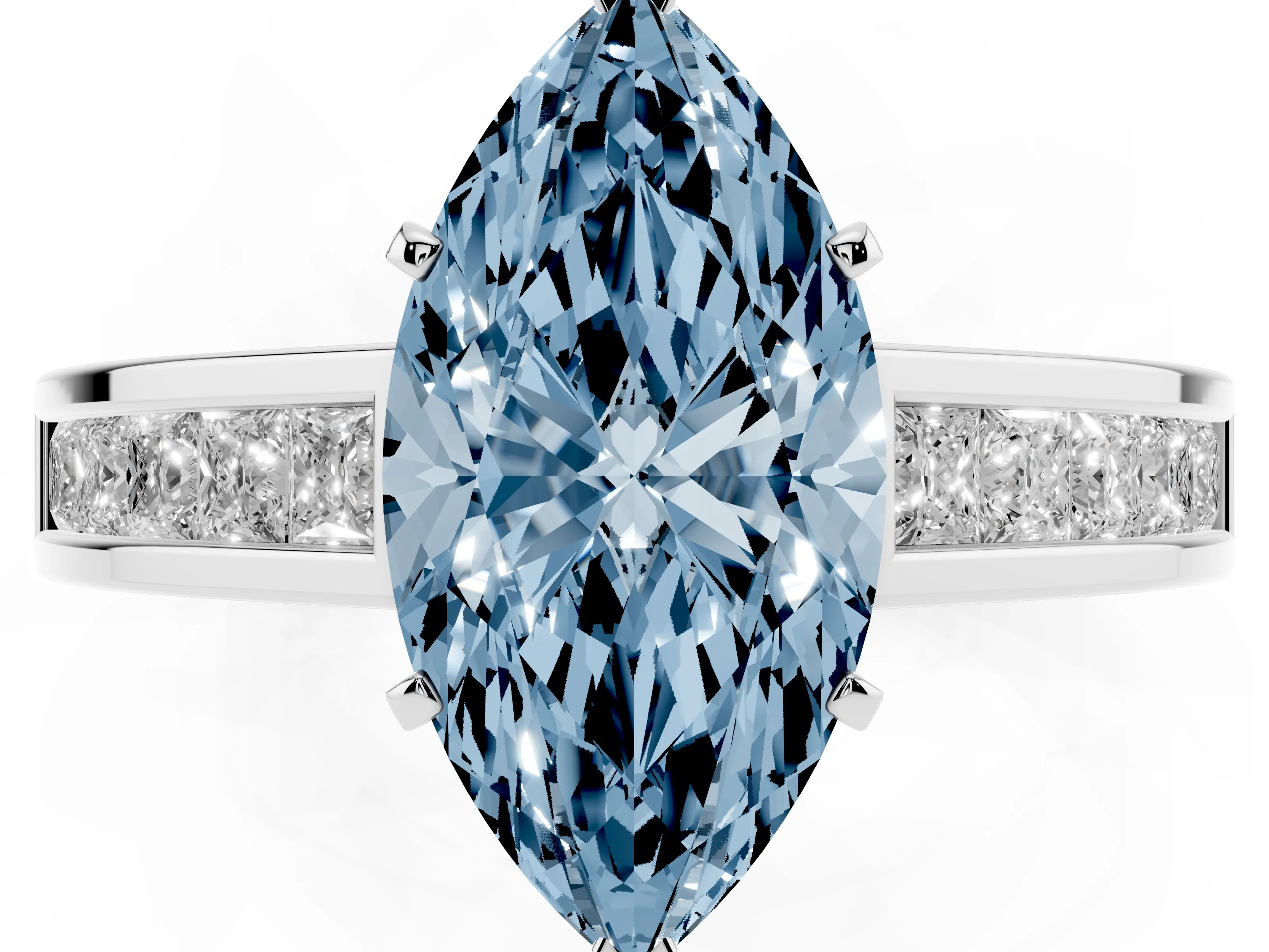 Fancy Blue Marquise Cut Diamond Solitaire Ring Set in Platinum with Channel-Set Band and Prong Setting