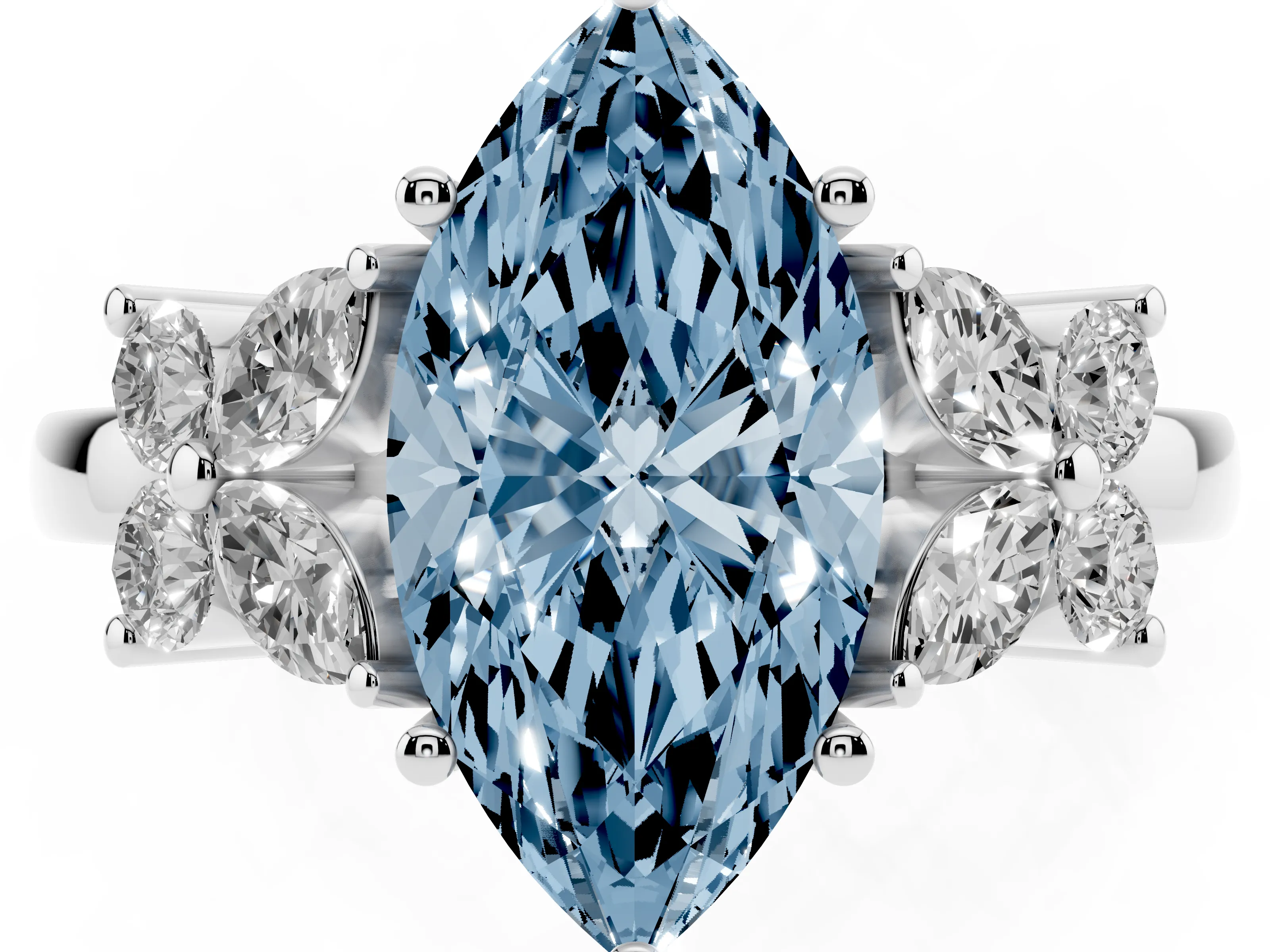 Fancy Blue Marquise Cut Diamond Floral Cluster Ring Set in Silver with Marquise Petals and Prong Setting