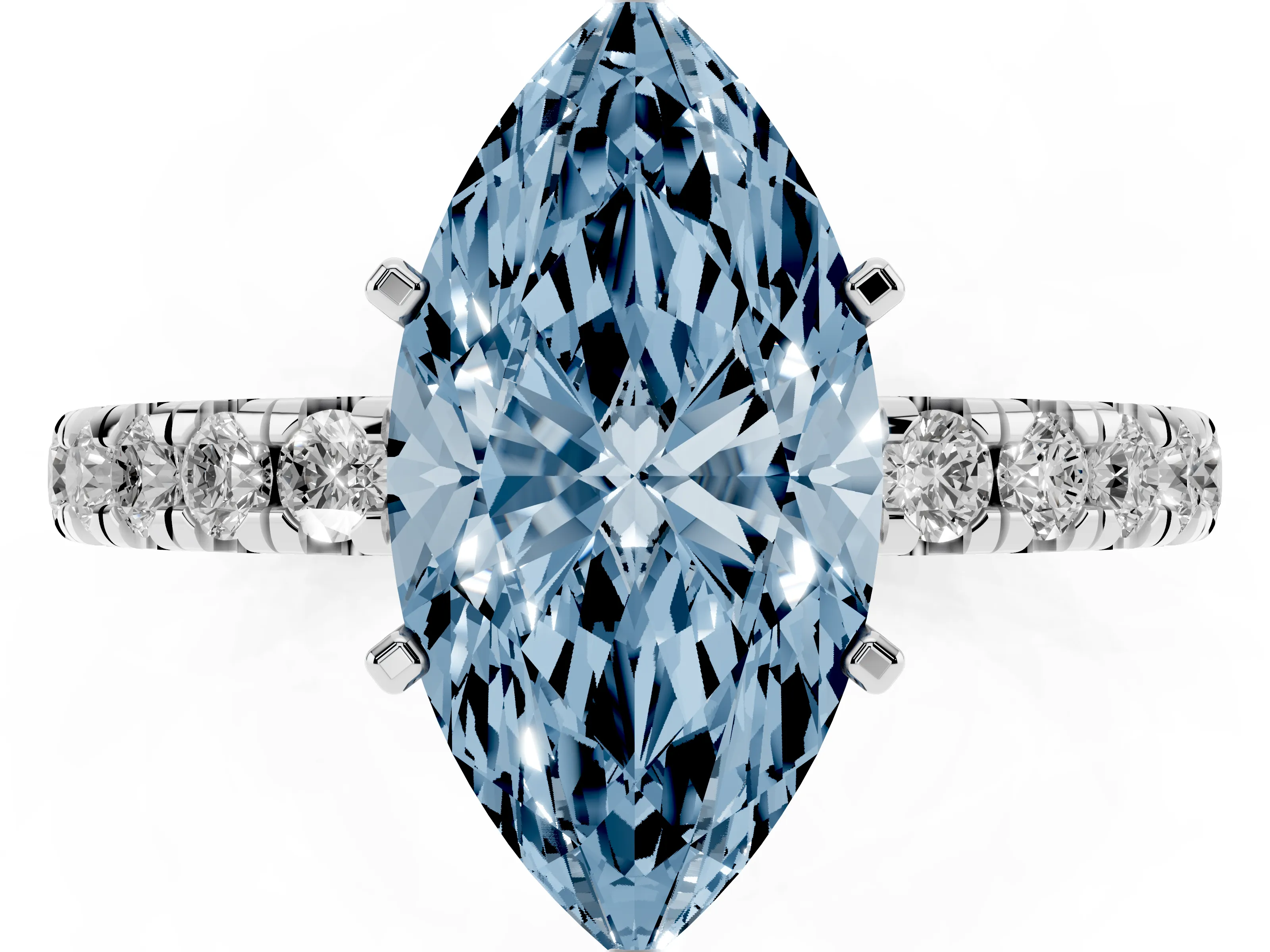 Fancy Blue Marquise Cut Diamond Pavé Solitaire Ring Set in Platinum with Round Band and Prong Setting