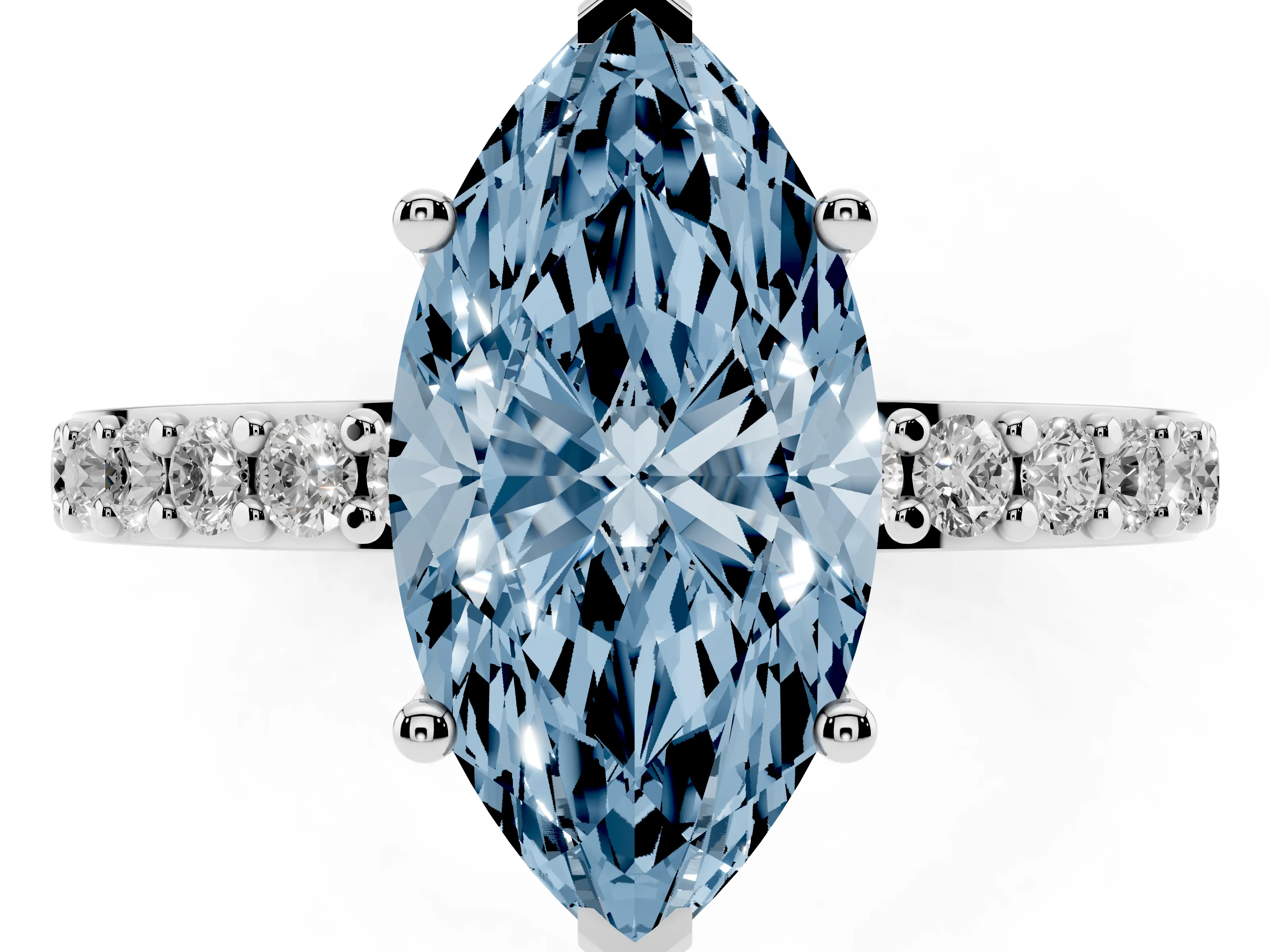 Fancy Blue Marquise Cut Diamond Solitaire Set in Silver with Round Pavé Band and Prong Setting