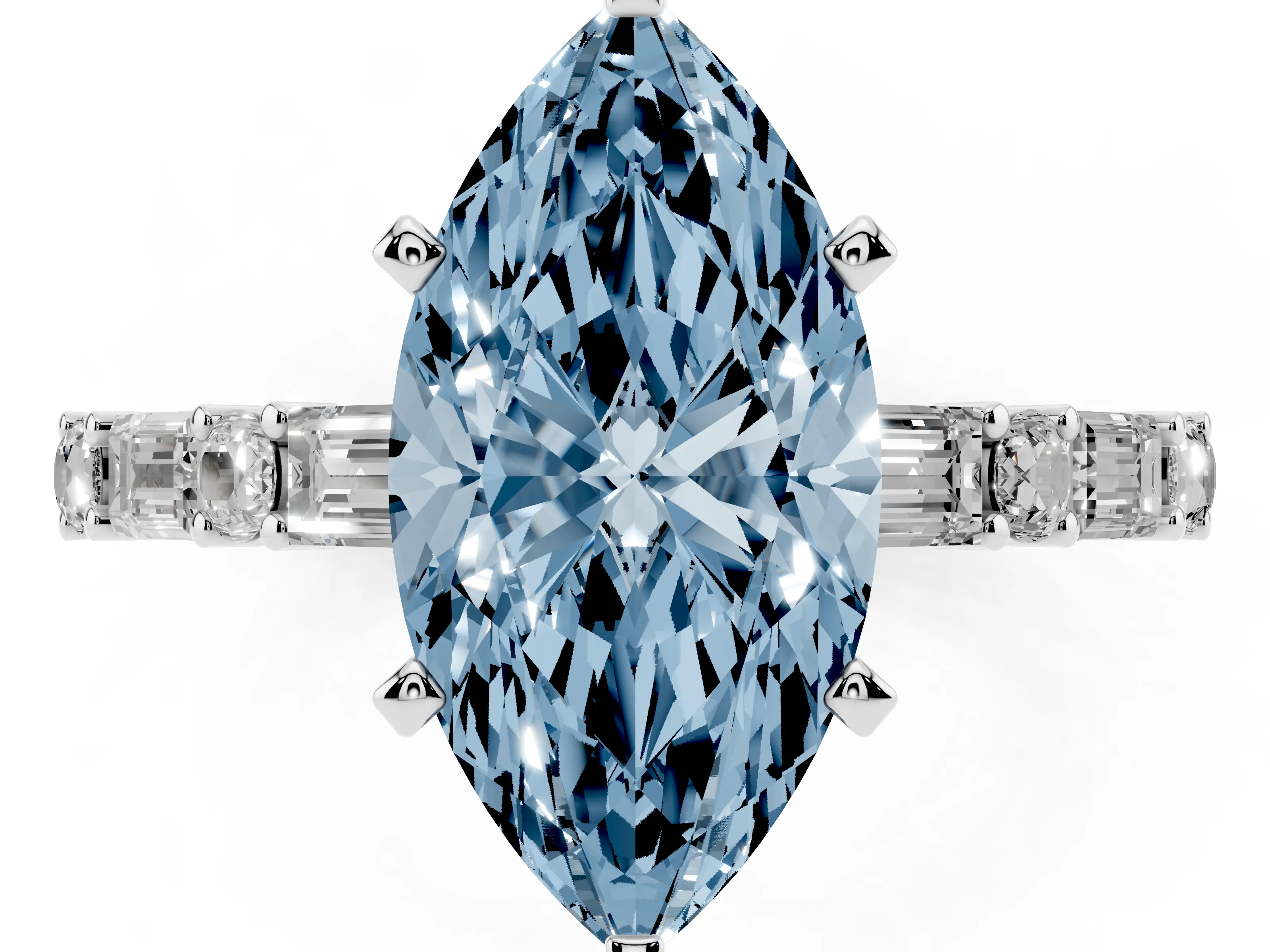 Fancy Blue Marquise Cut Diamond Solitaire Set in Silver with Side Baguettes and Channel Set Band