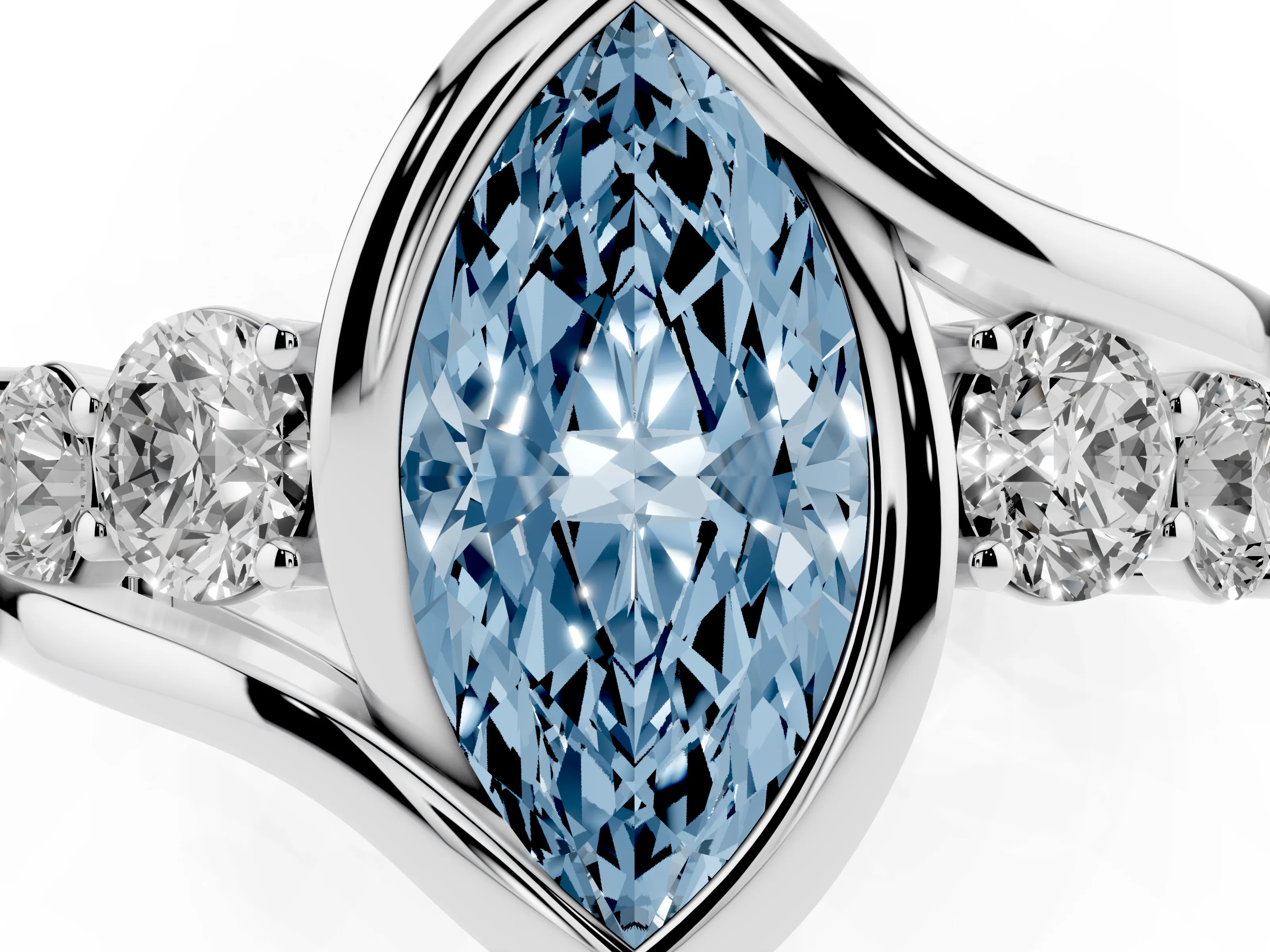 Fancy Blue Marquise Cut Diamond Bezel Bypass Ring Set in Platinum with Round Accents