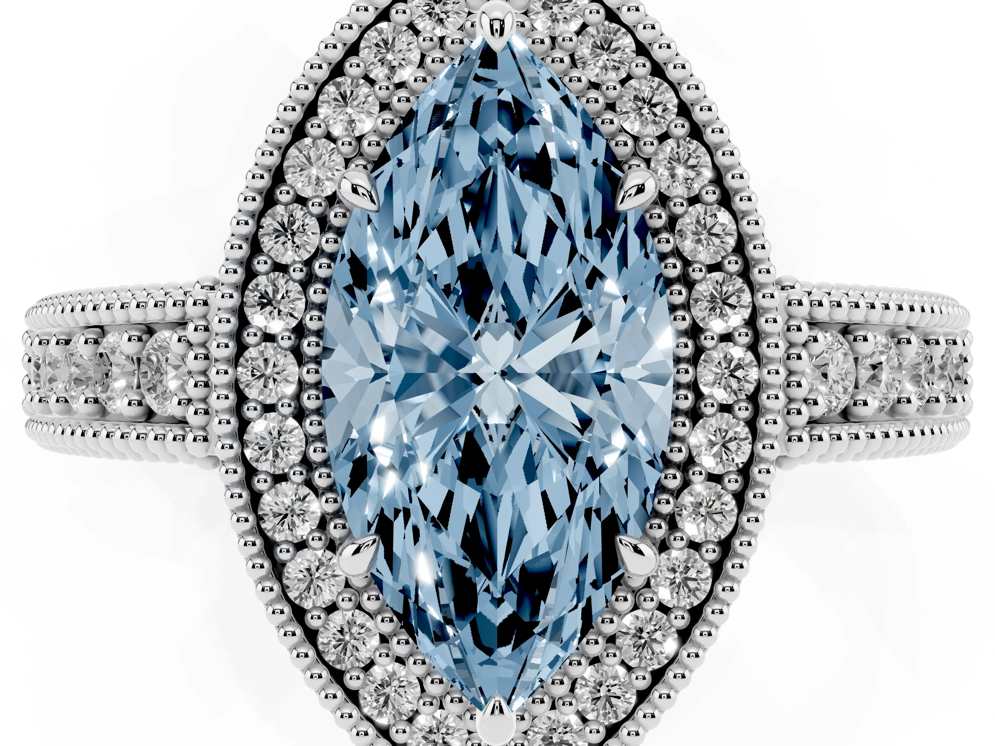 Fancy Blue Marquise Cut Diamond Halo Ring Set in White gold with Round Accent Halo, Pavé Band and Prong Setting