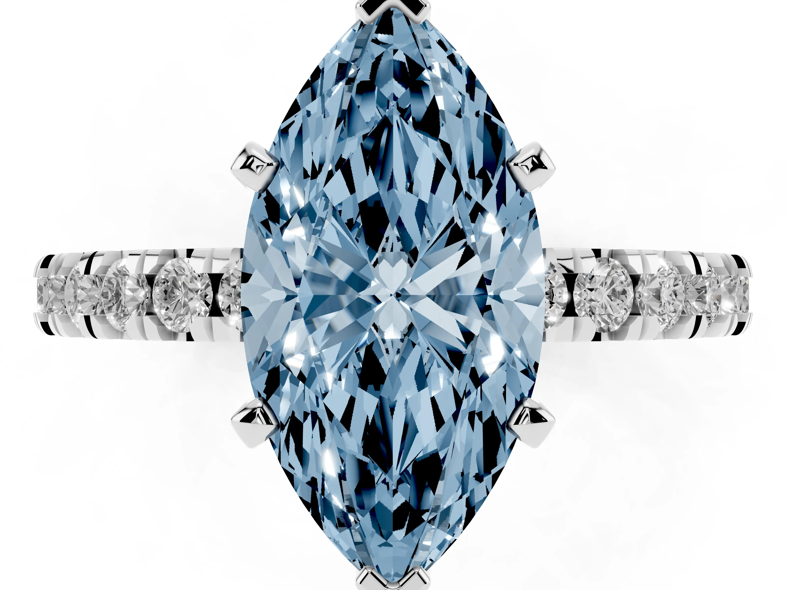 Fancy Blue Marquise Cut Diamond Pavé Band Solitaire Set in White gold with Prong Setting