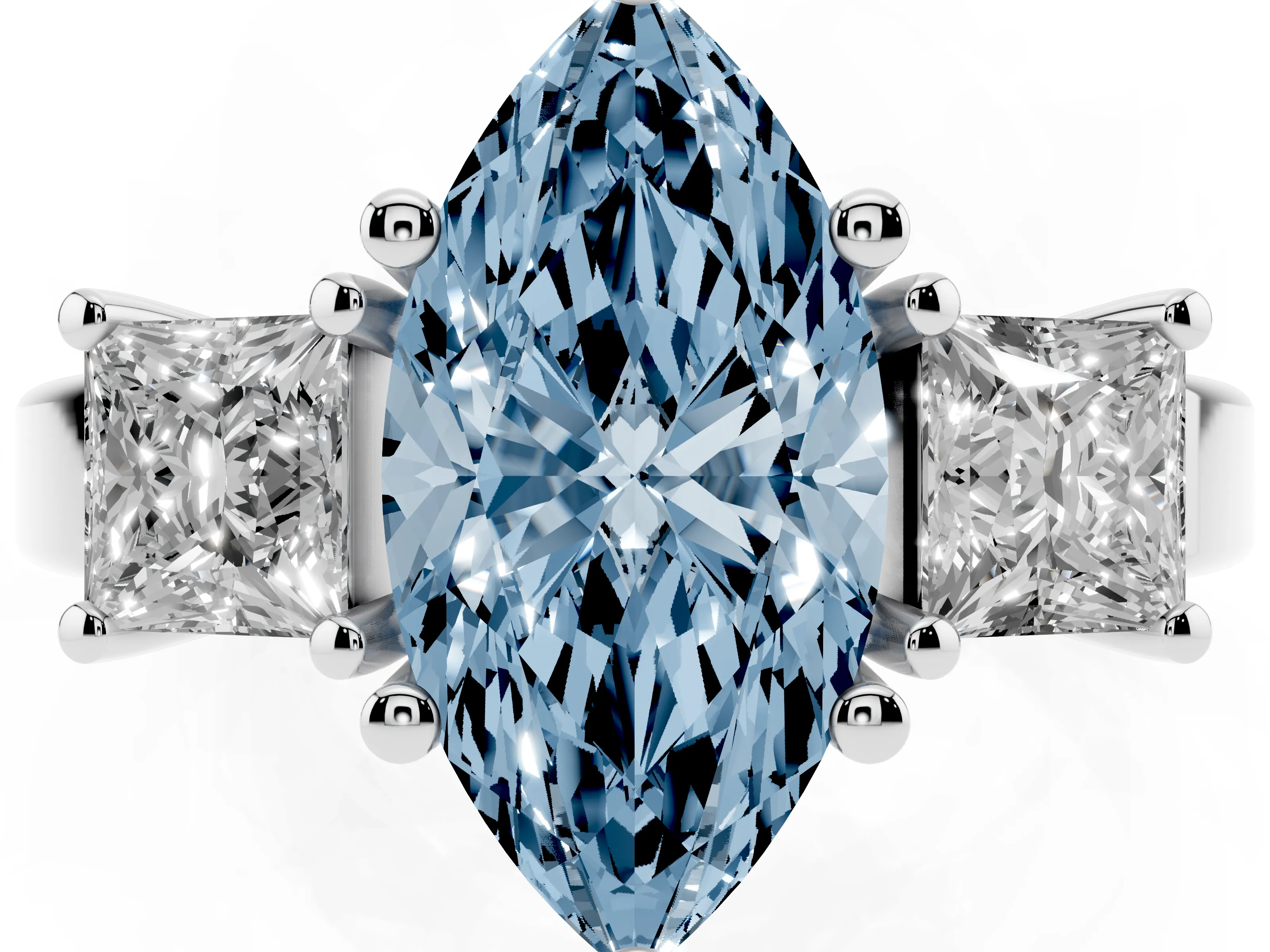 Fancy Blue Three-Stone Marquise Cut Diamond Solitaire Ring Set in White gold with Prong Setting