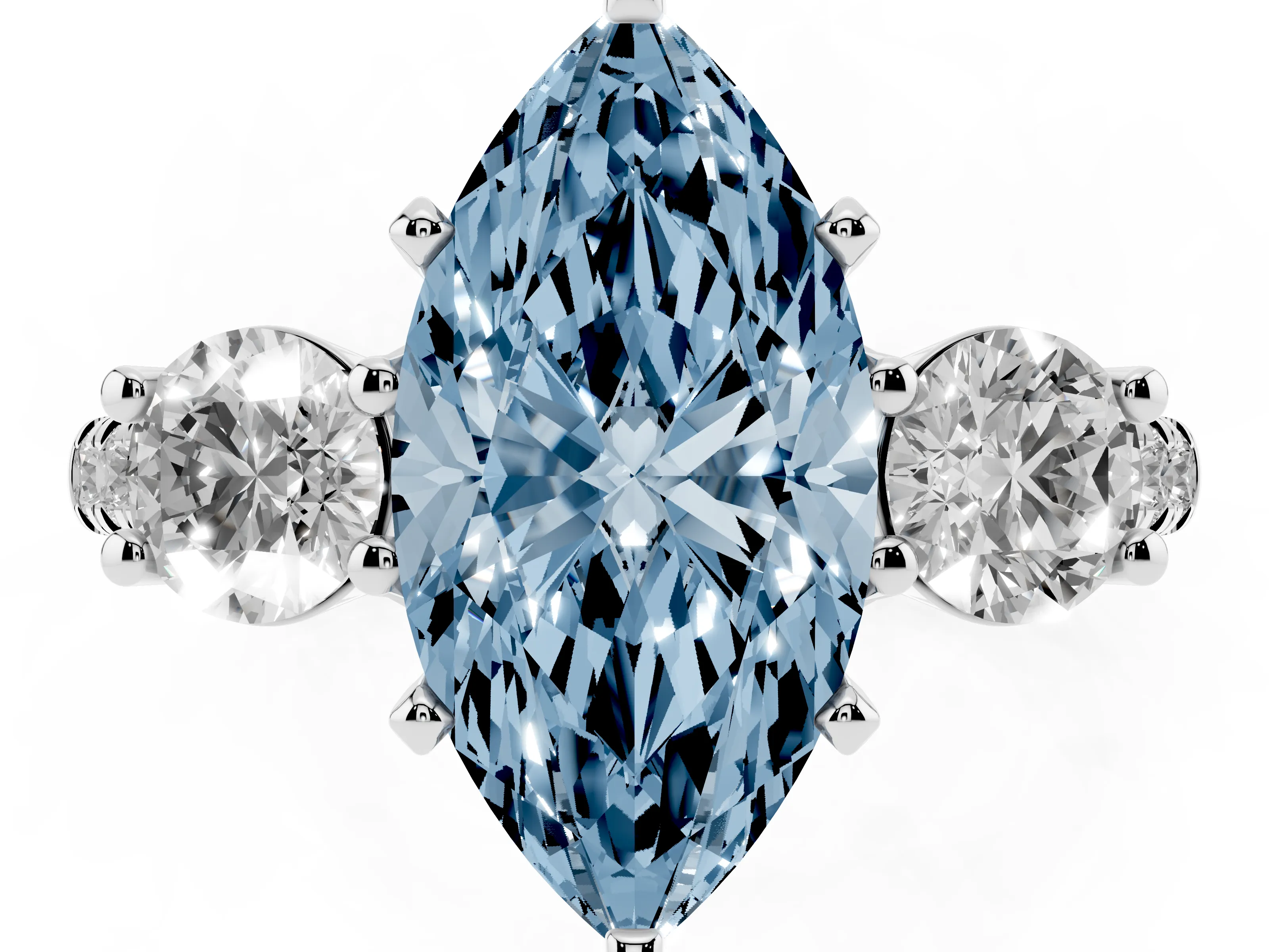 Fancy Blue Three-Stone Marquise Cut Diamond Pavé Band Ring Set in Silver with Prong-Set Trio