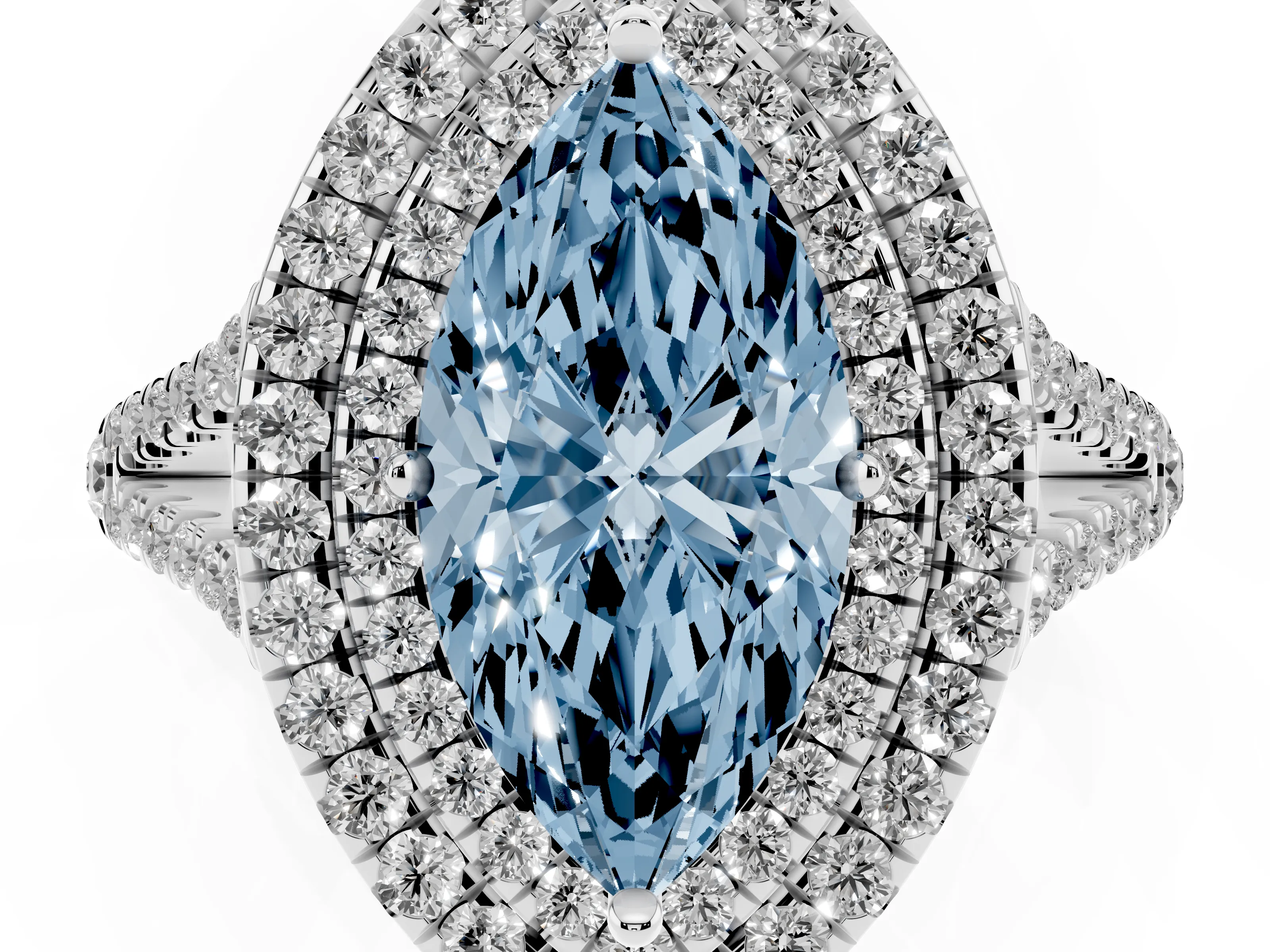 Fancy Blue Marquise Cut Diamond Double Halo Ring Set in Silver with Pavé Band