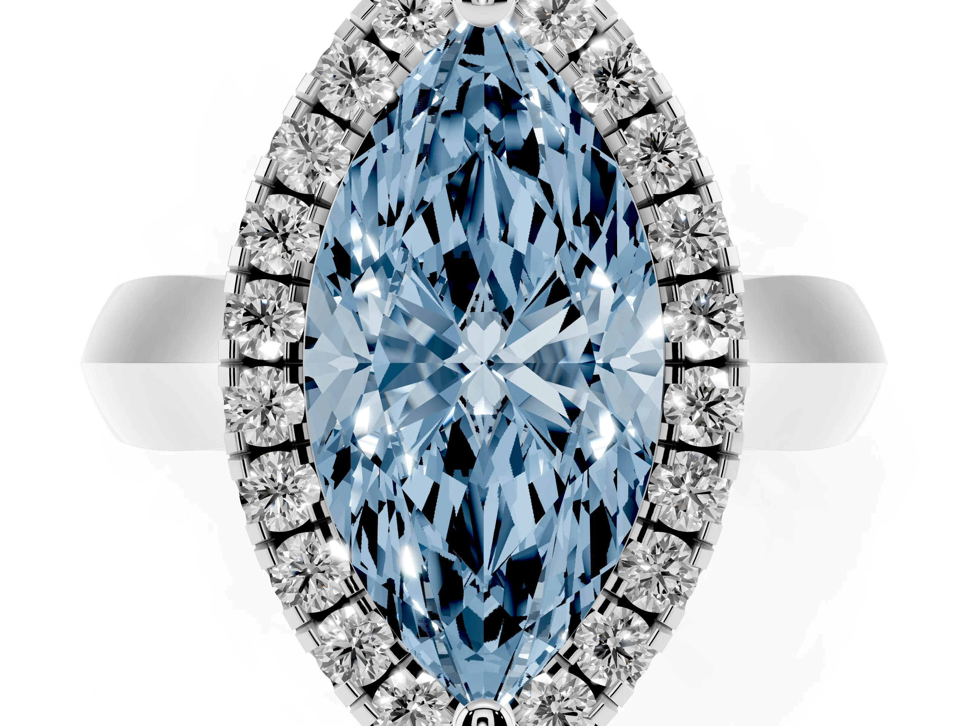Fancy Blue Marquise Cut Diamond Halo Solitaire Engagement Ring Set in Platinum with Square Band and Prong Setting