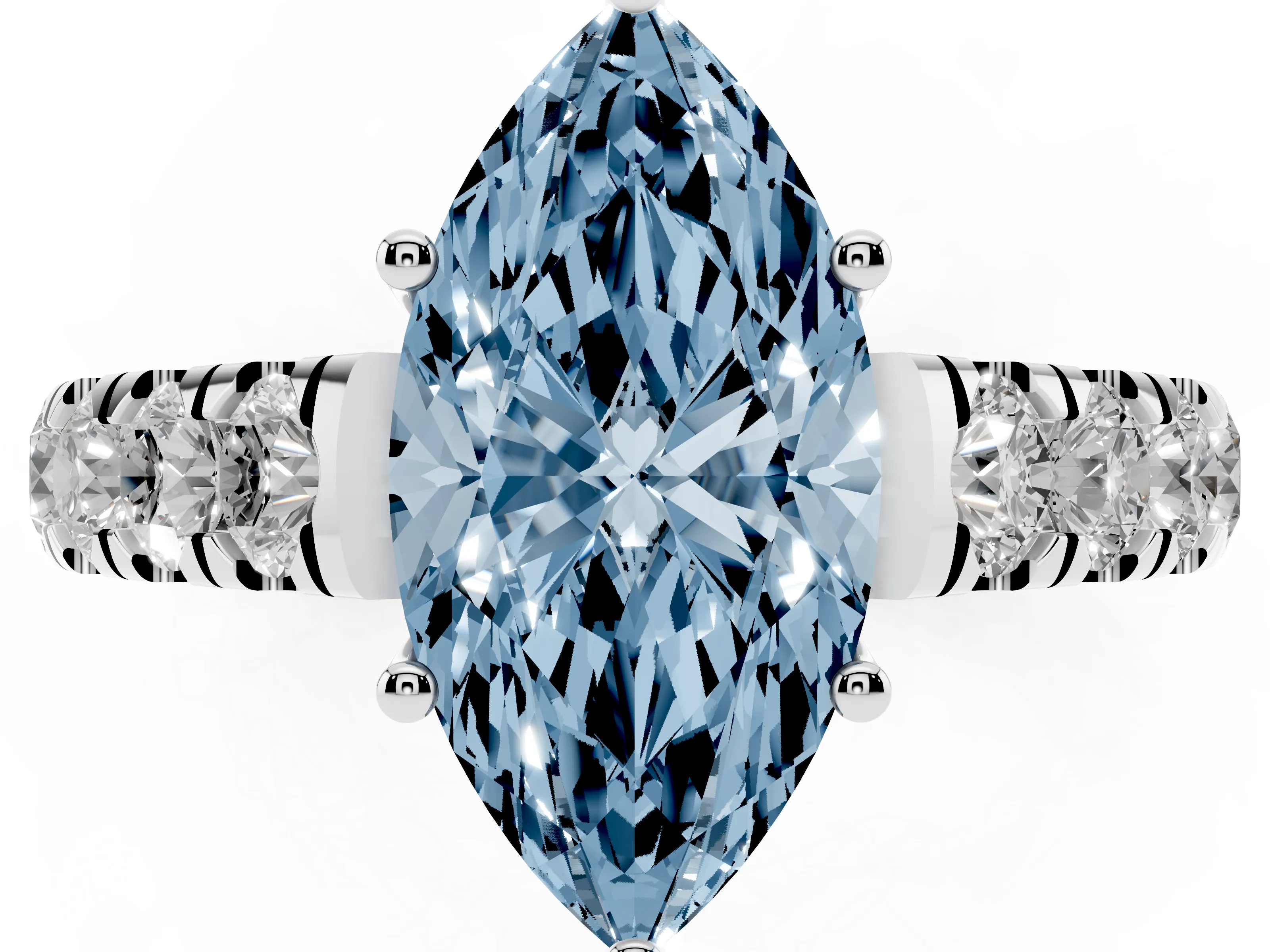 Fancy Blue Marquise Cut Diamond Solitaire Ring Set in Platinum with Cut-Down Micro Pavé Band and Prong Setting