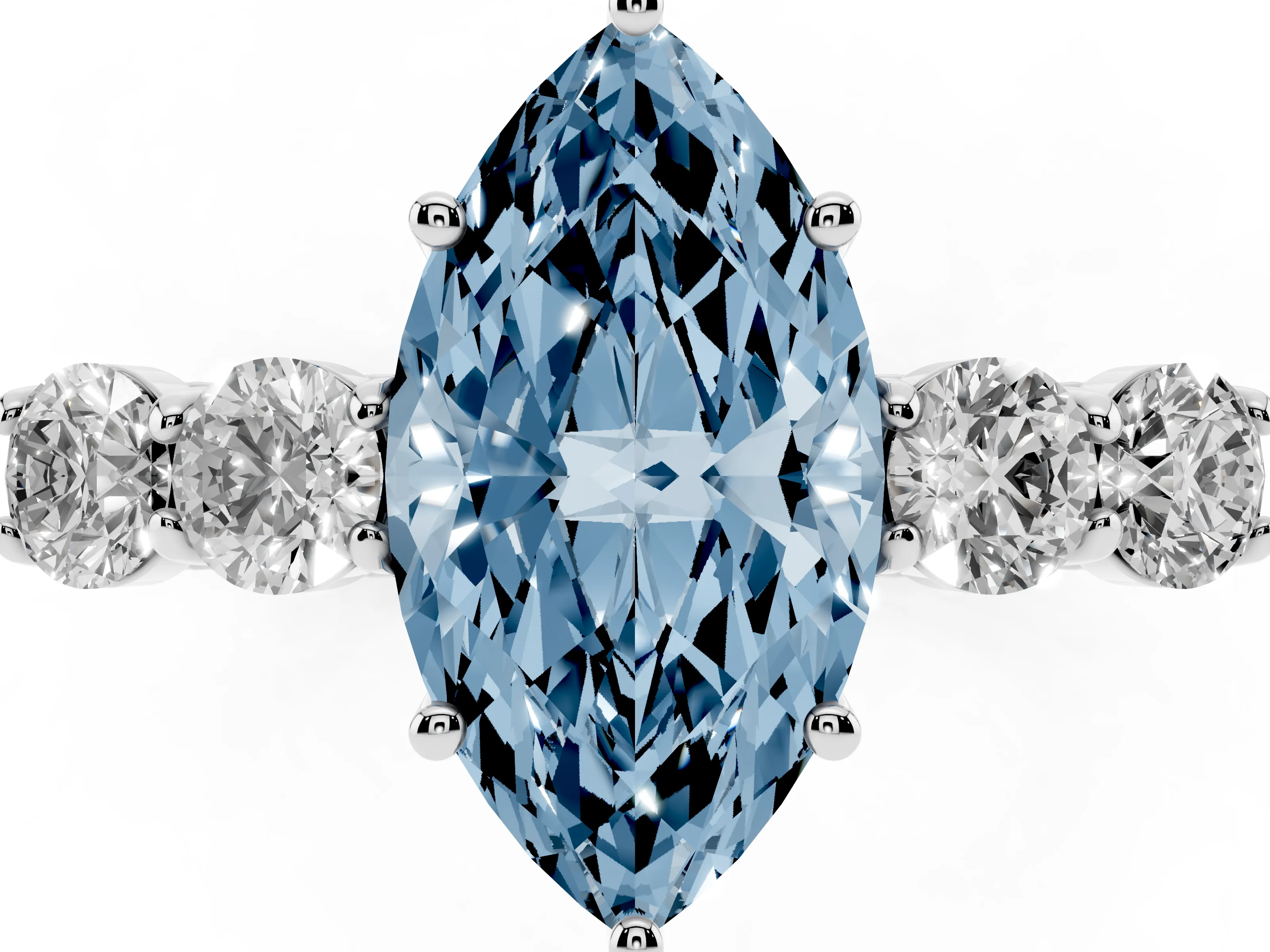 Fancy Blue Marquise Cut Diamond Five-Stone Prong Set Band Ring Set in Silver with Polished Band