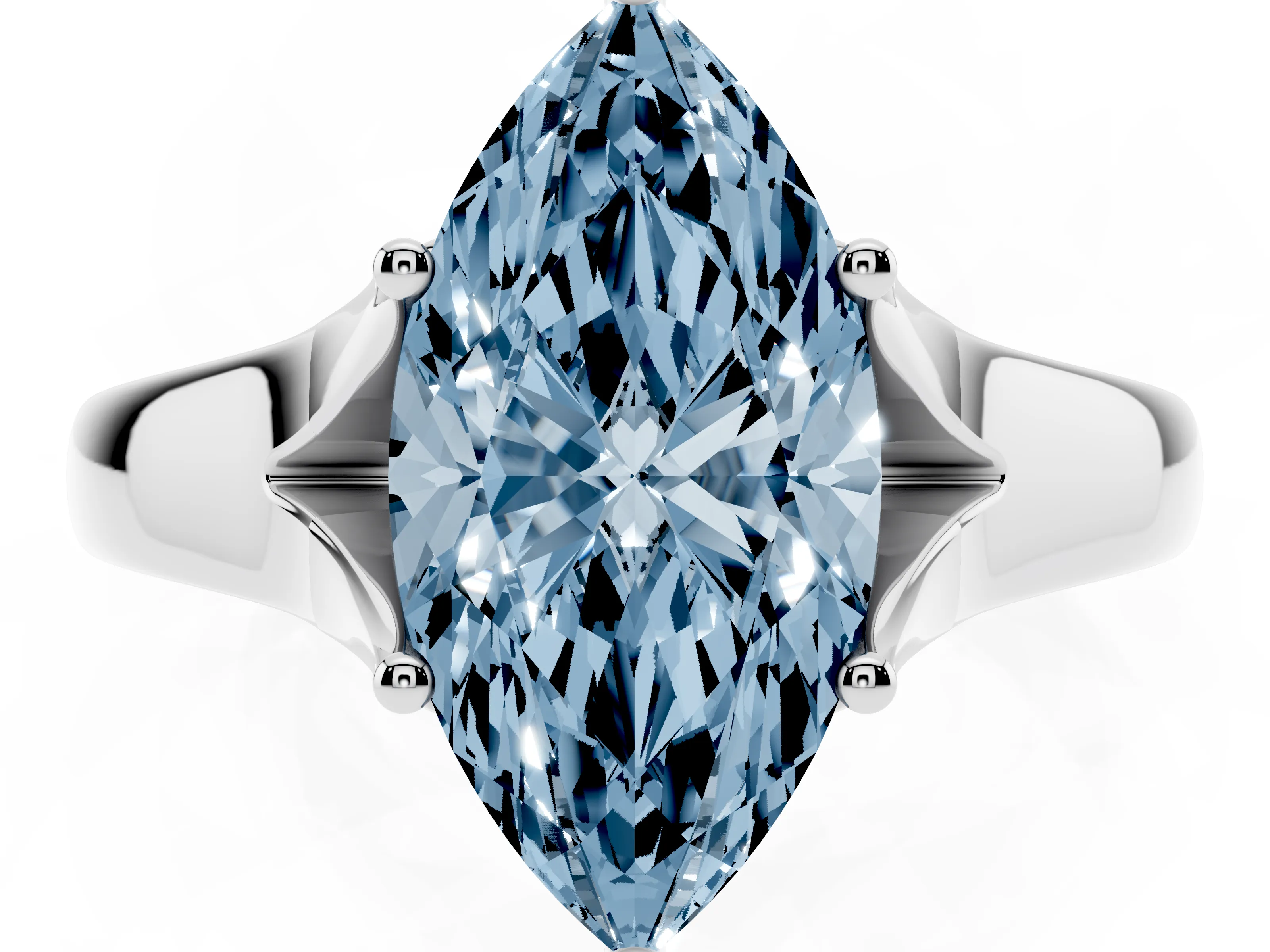 Fancy Blue Marquise Cut Diamond Solitaire Ring Set in White gold with Arched Cathedral Band and Prong Setting