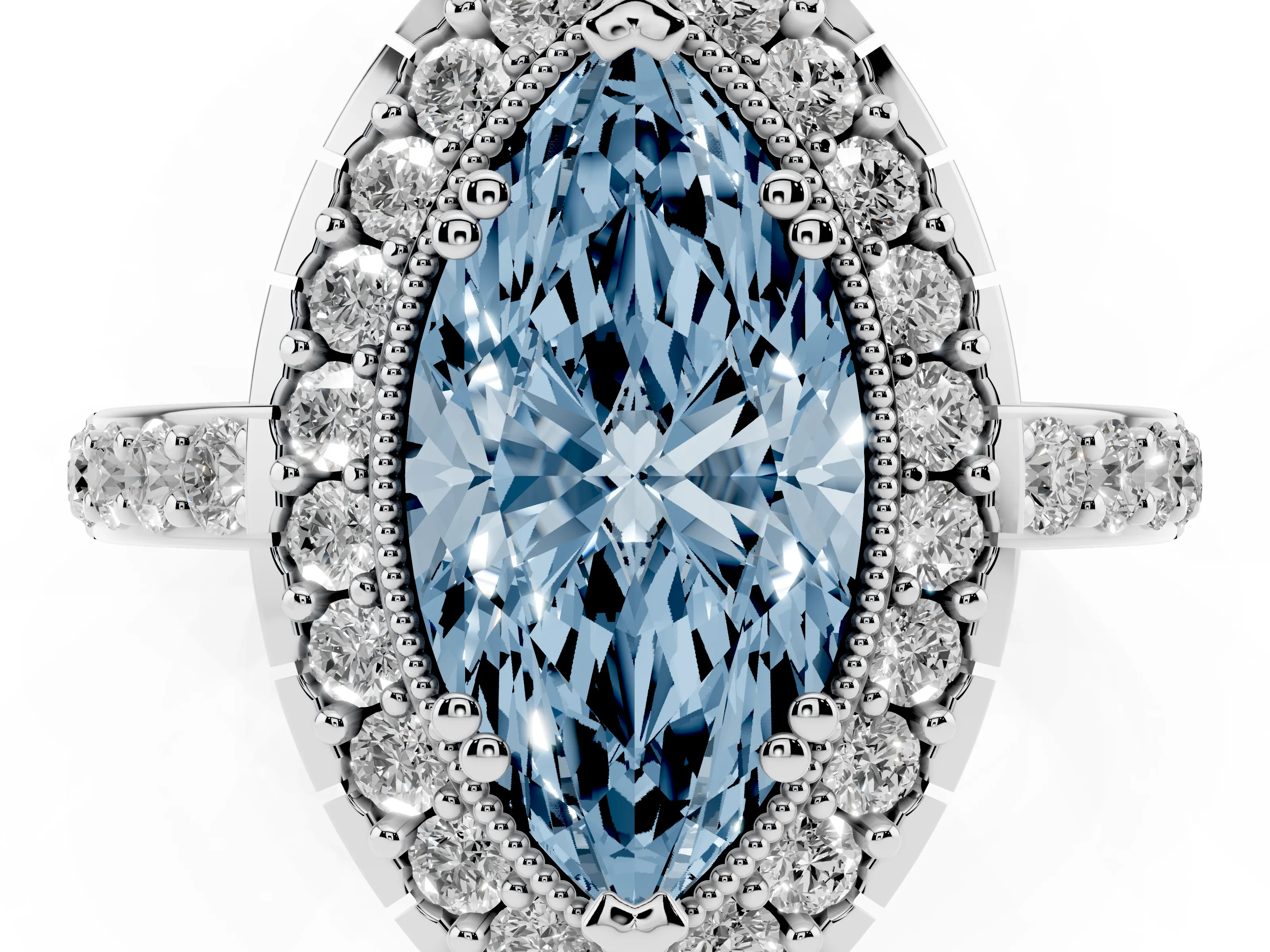 Fancy Blue Marquise Cut Diamond Halo Ring Set in White gold with Pavé Shank and Prong Setting