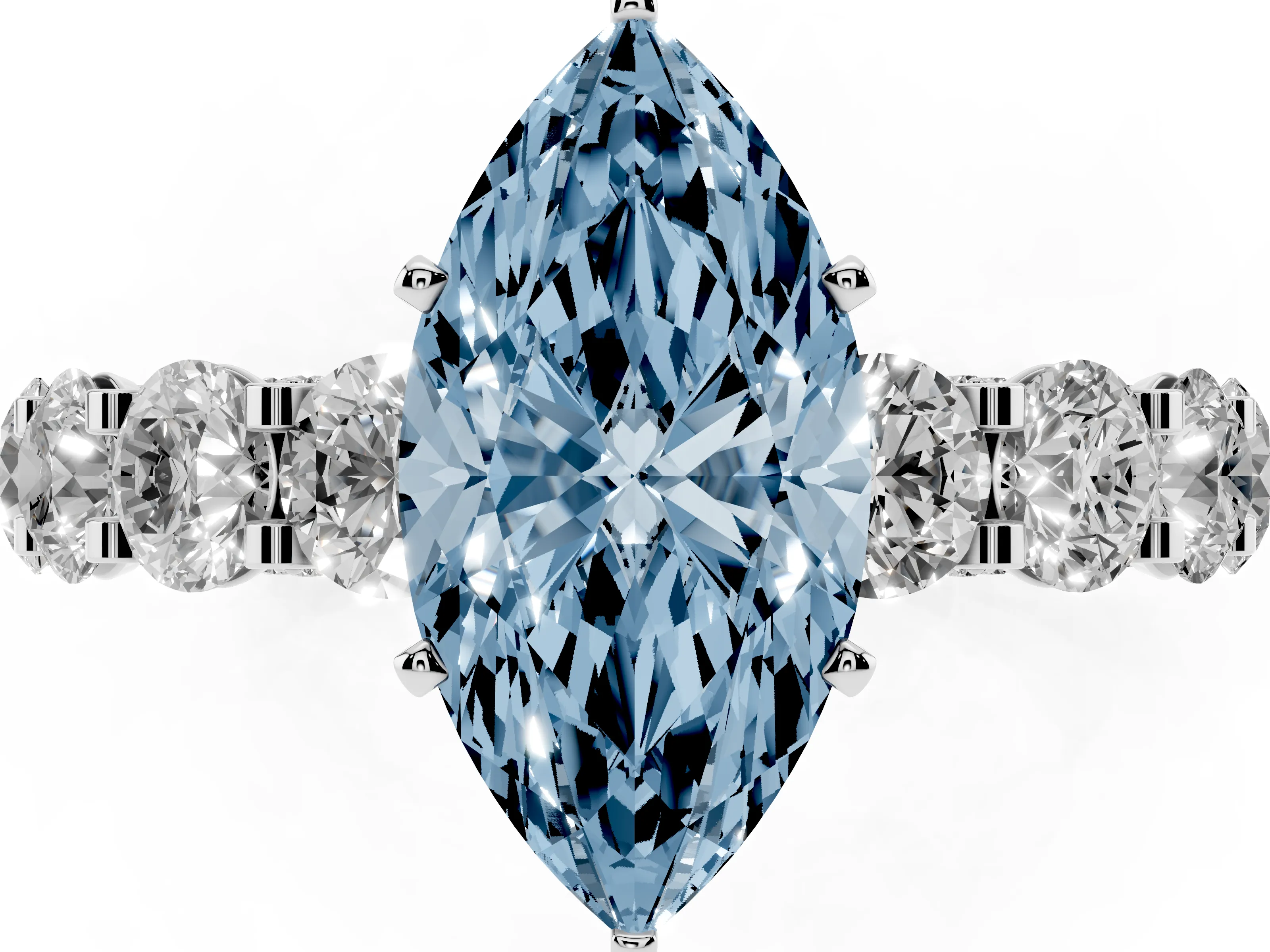 Fancy Blue Marquise Cut Diamond Side Stone Ring Set in Silver with Alternating Round and Oval Side Stones