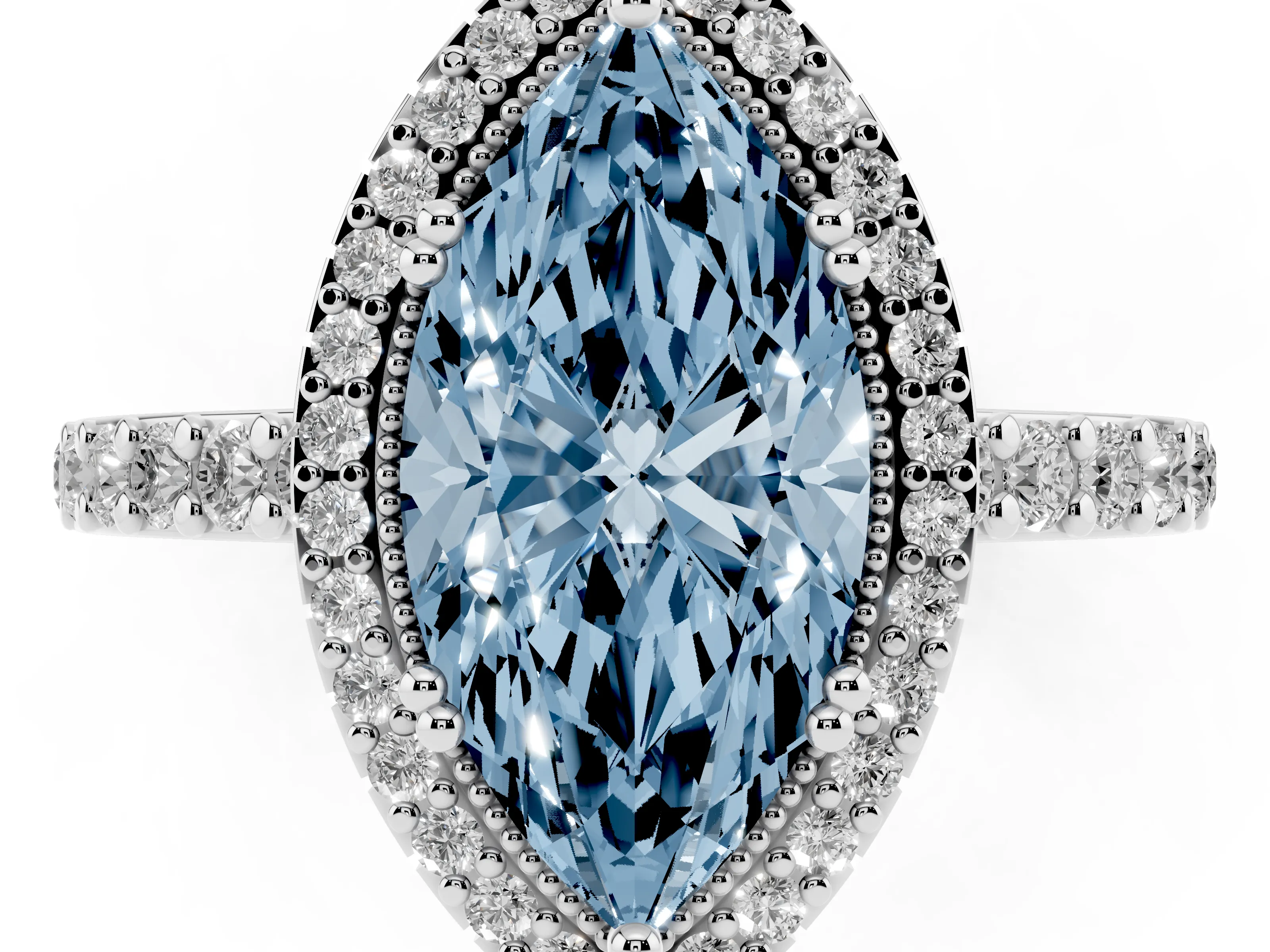 Fancy Blue Marquise Cut Diamond Halo Engagement Ring Set in Platinum with Milgrain Detail and Pavé Band