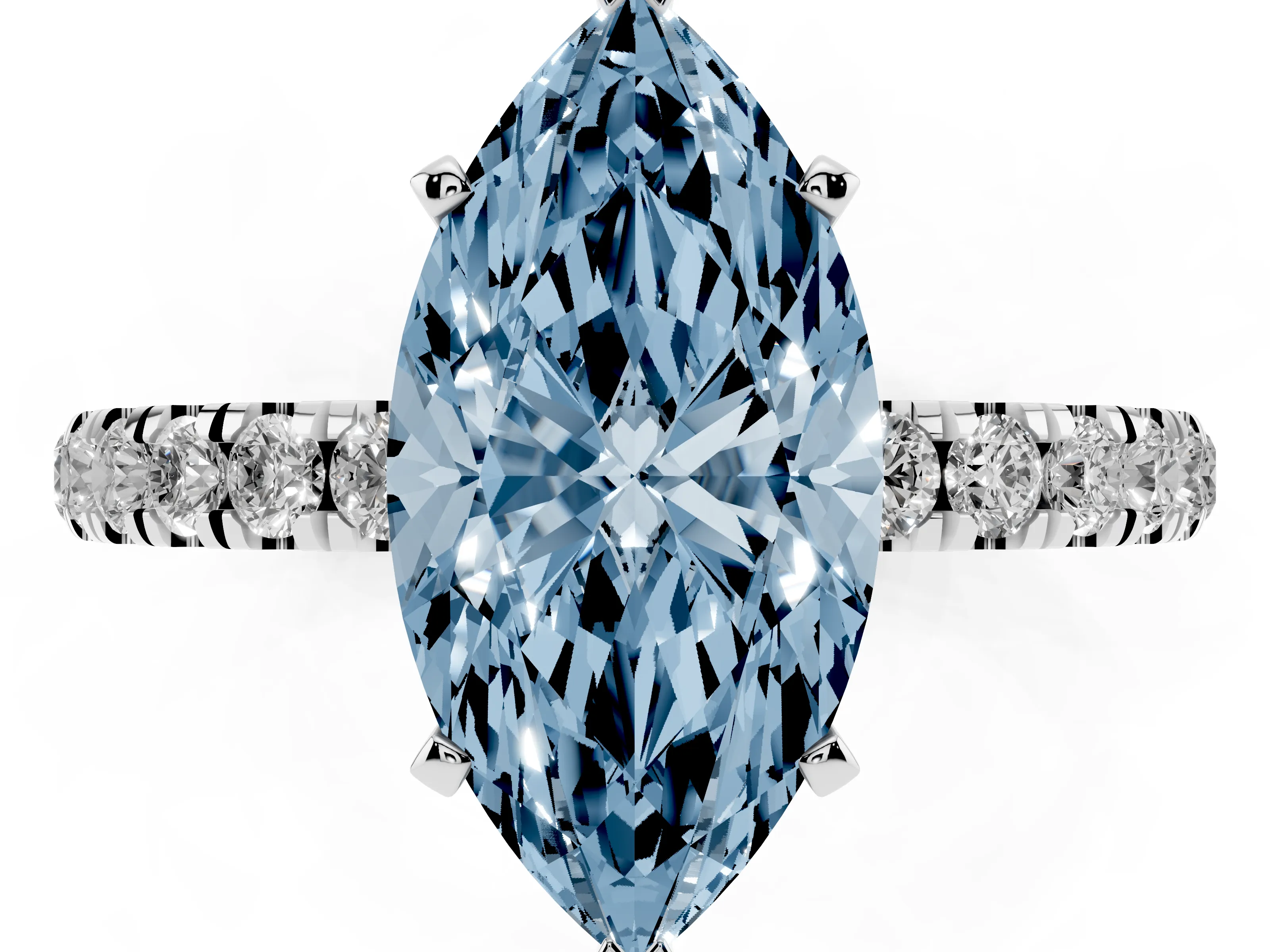 Fancy Blue Marquise Cut Diamond Solitaire Ring Set in White gold with Pavé Accents and Prong Setting