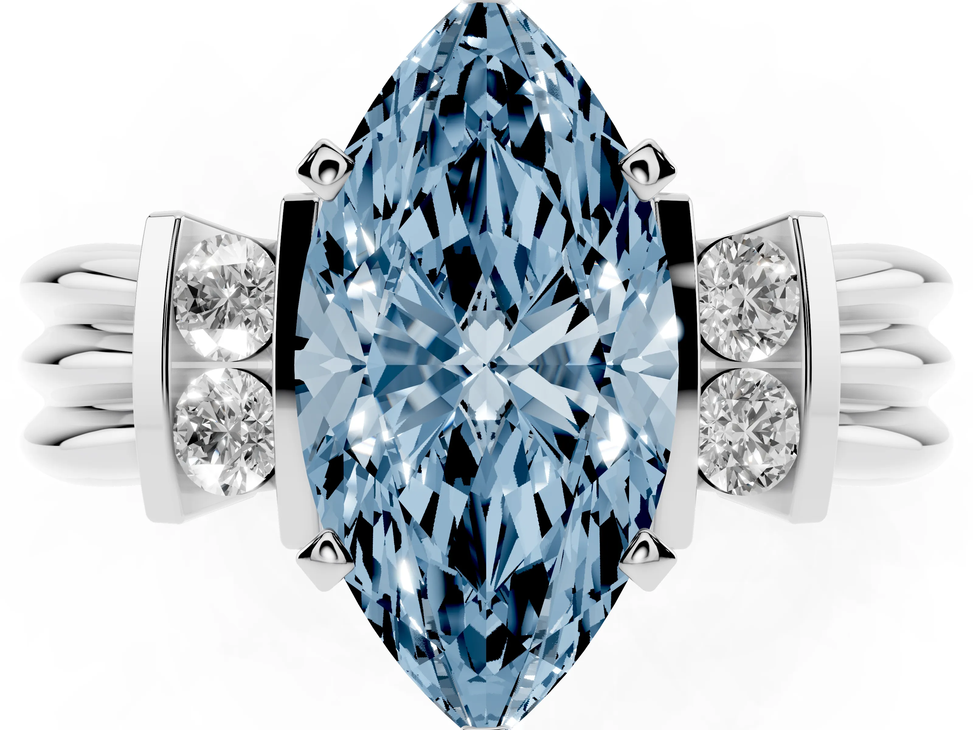 Fancy Blue Three-Stone Marquise Cut Diamond Channel Set Ring Set in Platinum with Bar Prongs
