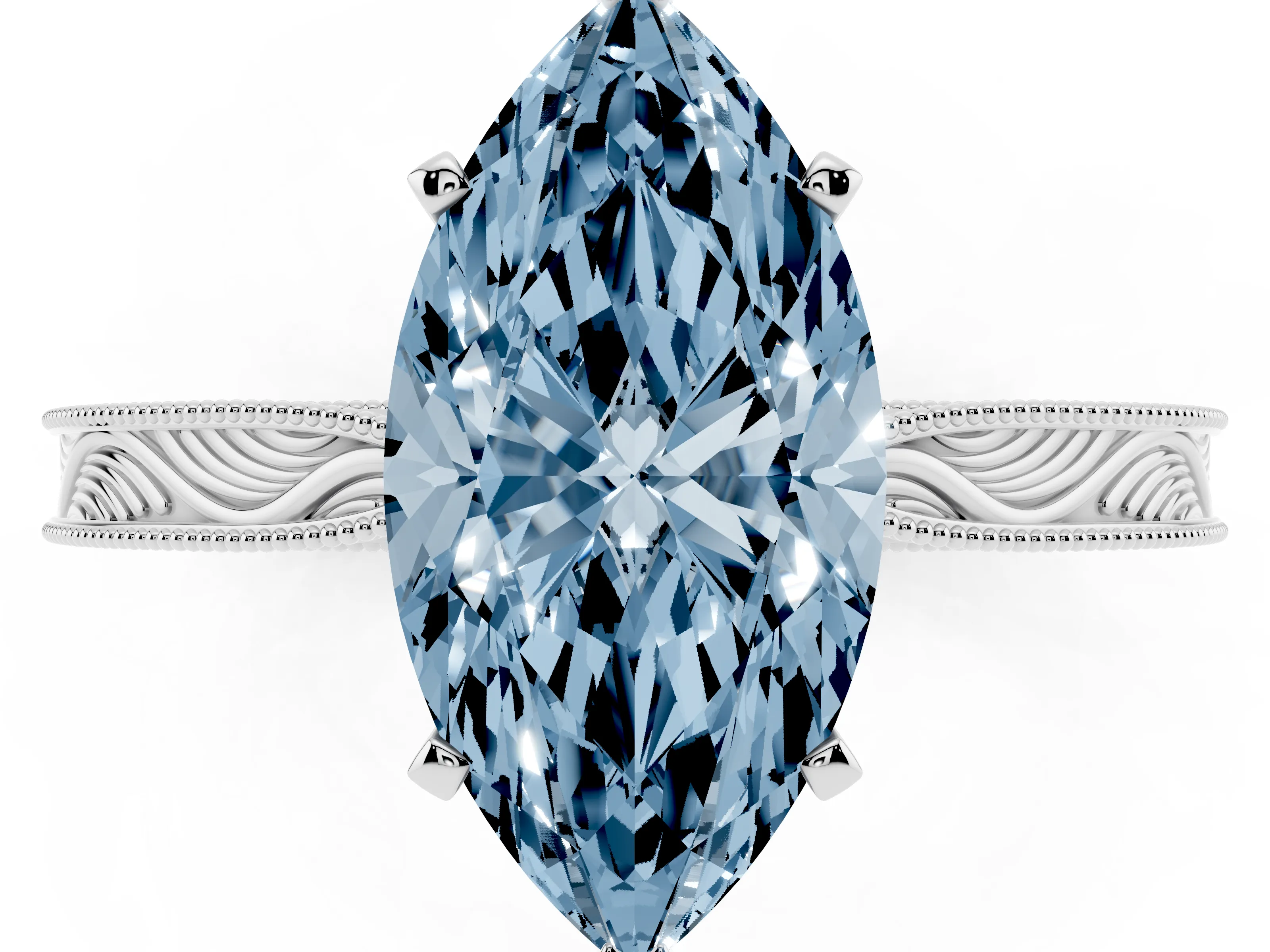 Fancy Blue Marquise Cut Diamond Solitaire Milgrain Engraved Band Set in White gold with Prong Setting
