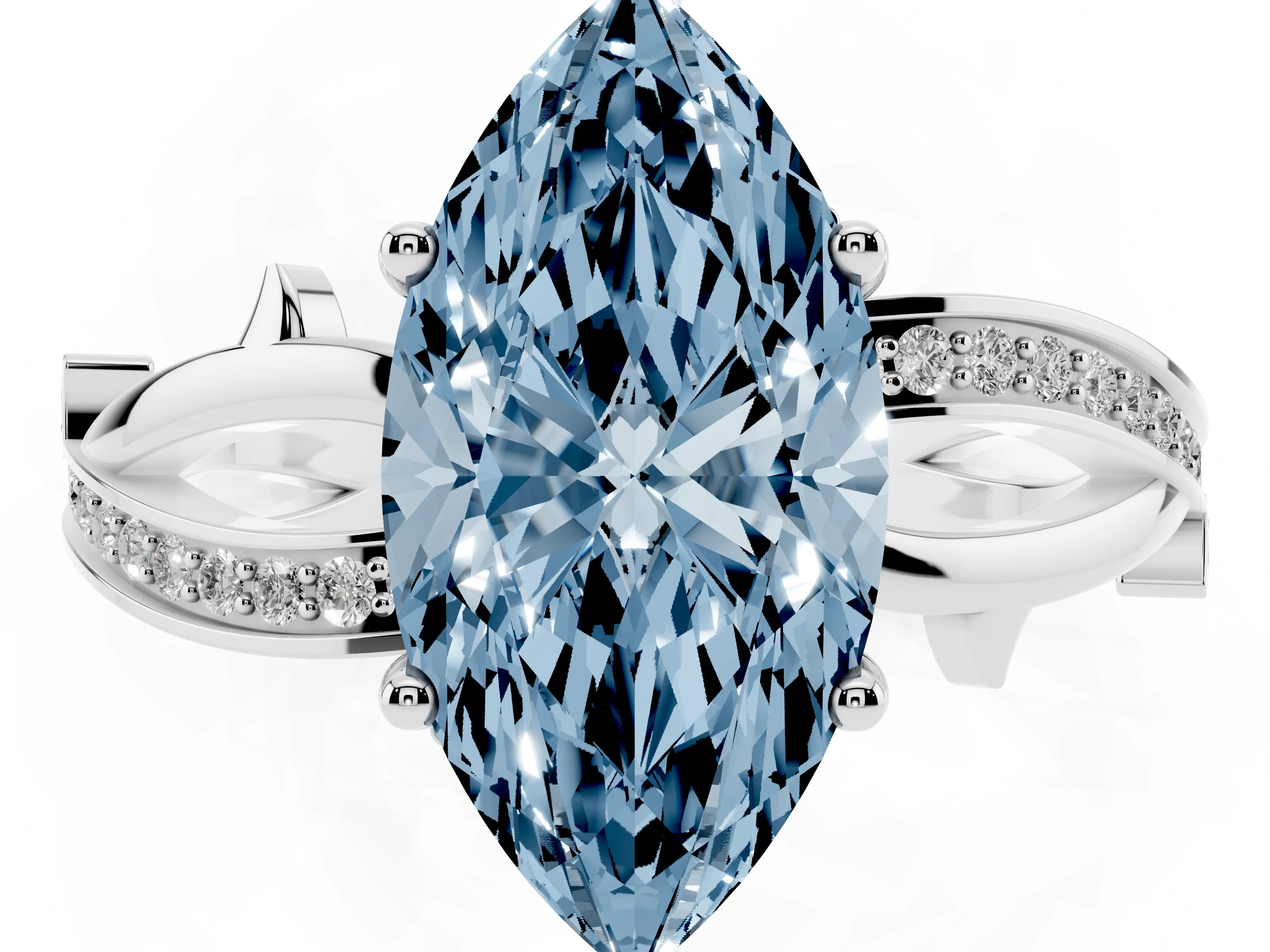 Fancy Blue Marquise Cut Diamond Pavé Twist Band Solitaire Ring Set in Silver with Prong Setting