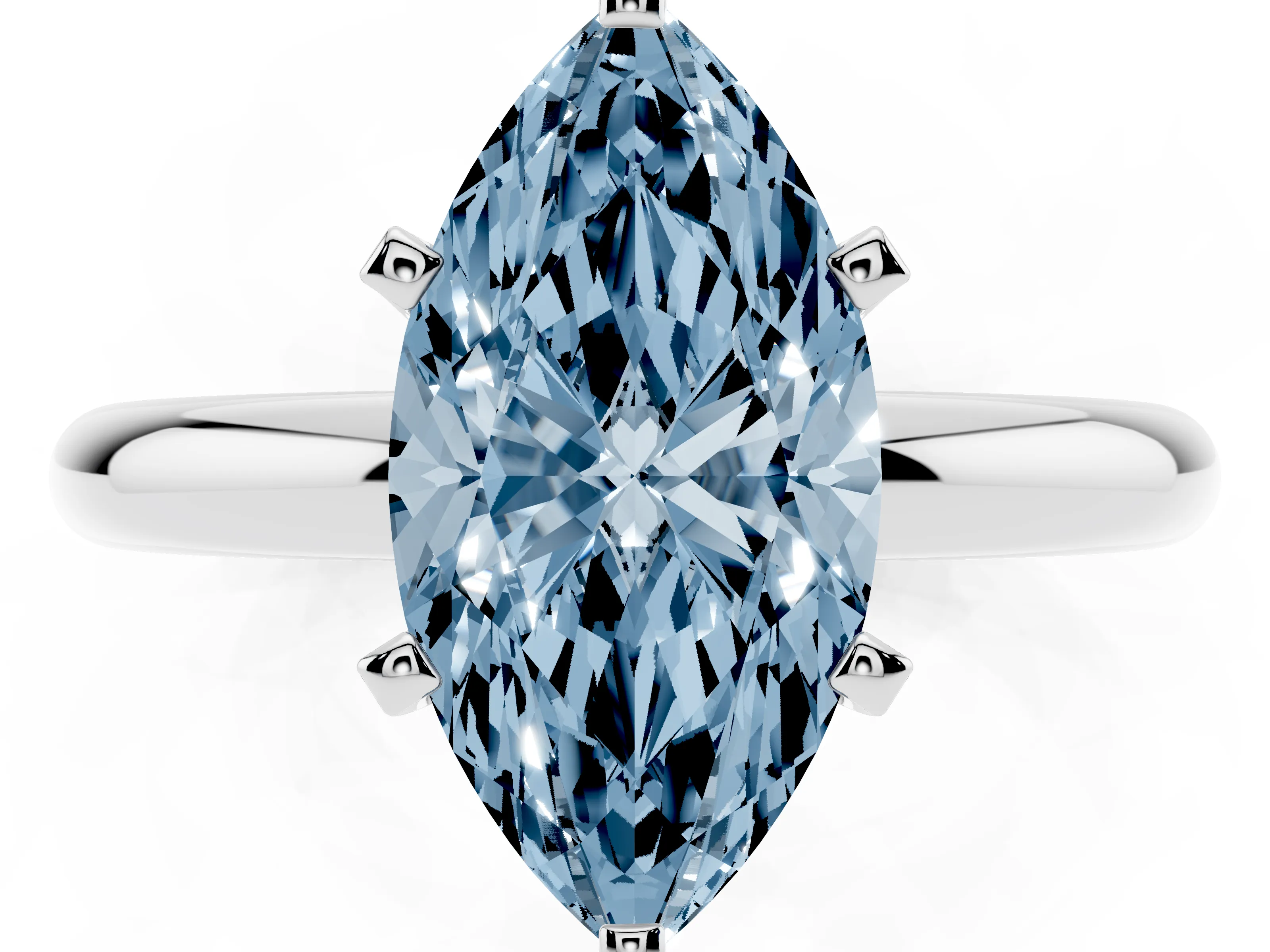 Fancy Blue Marquise Cut Diamond Solitaire Engagement Ring Set in White gold with Round Band and Prong Setting