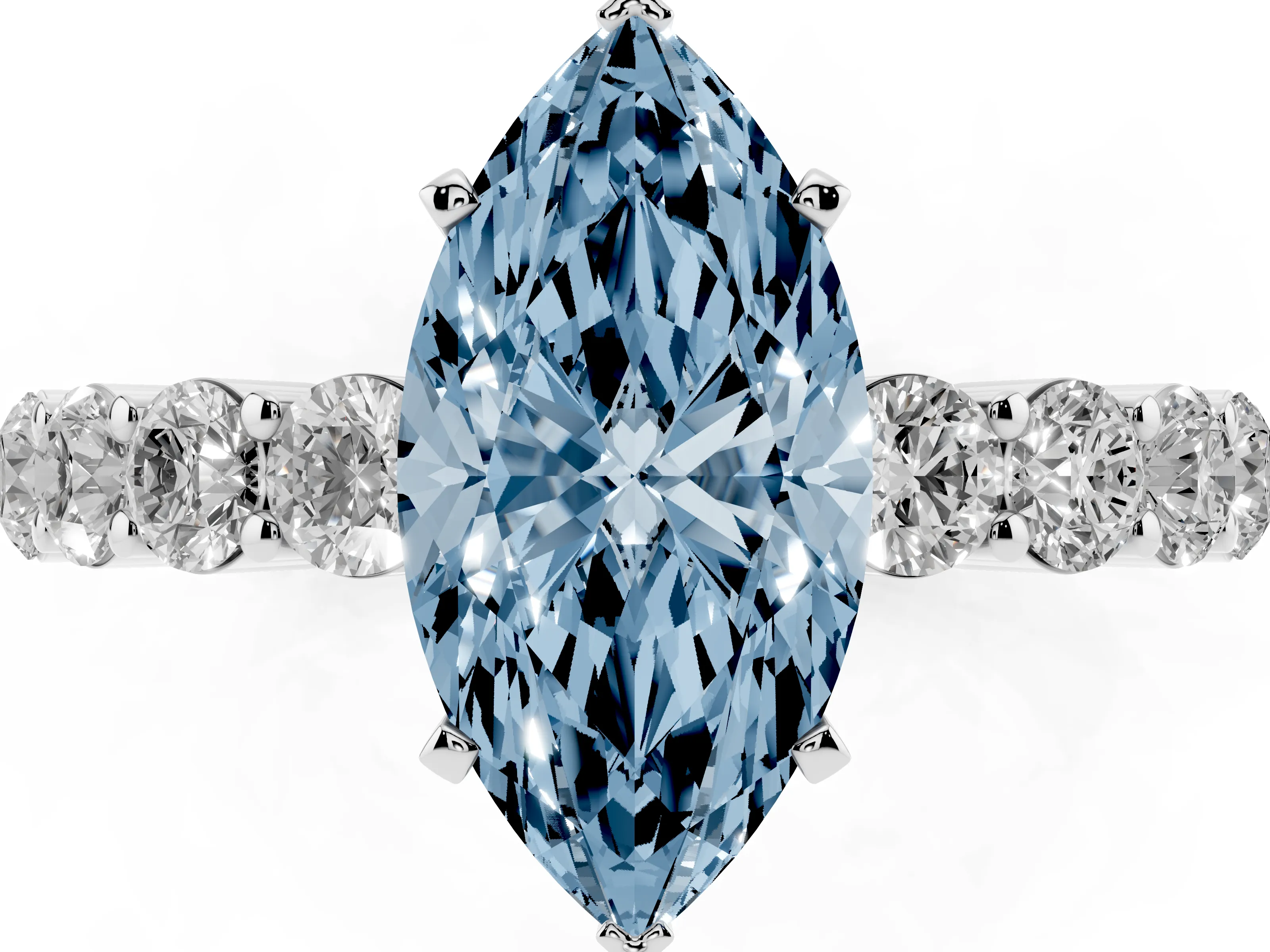 Fancy Blue Marquise Cut Diamond Solitaire Ring Set in White gold with Shared Prong Round Side Stones