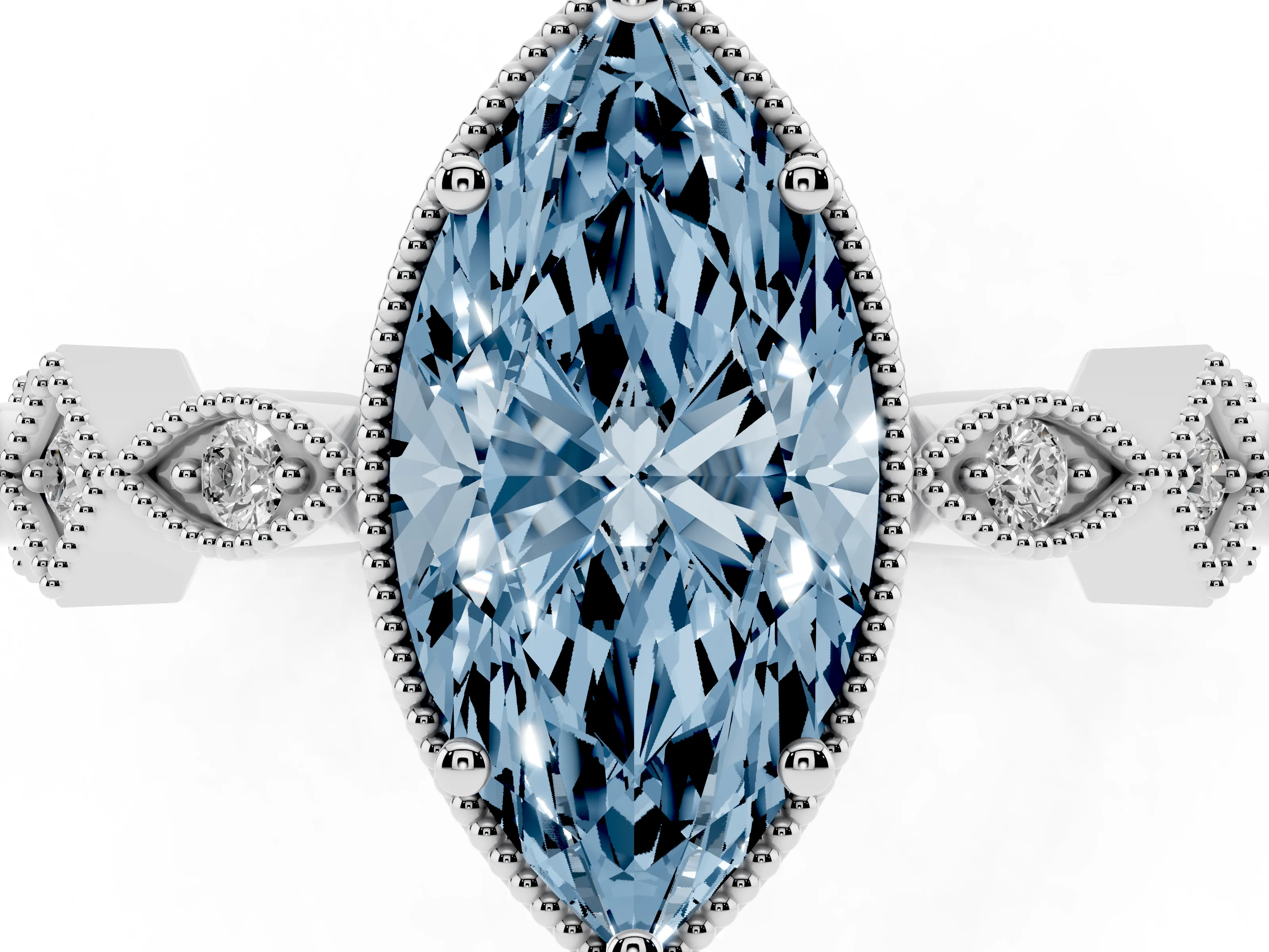 Fancy Blue Marquise Cut Diamond Milgrain Marquise Twist Band Ring Set in White gold with Prong Setting