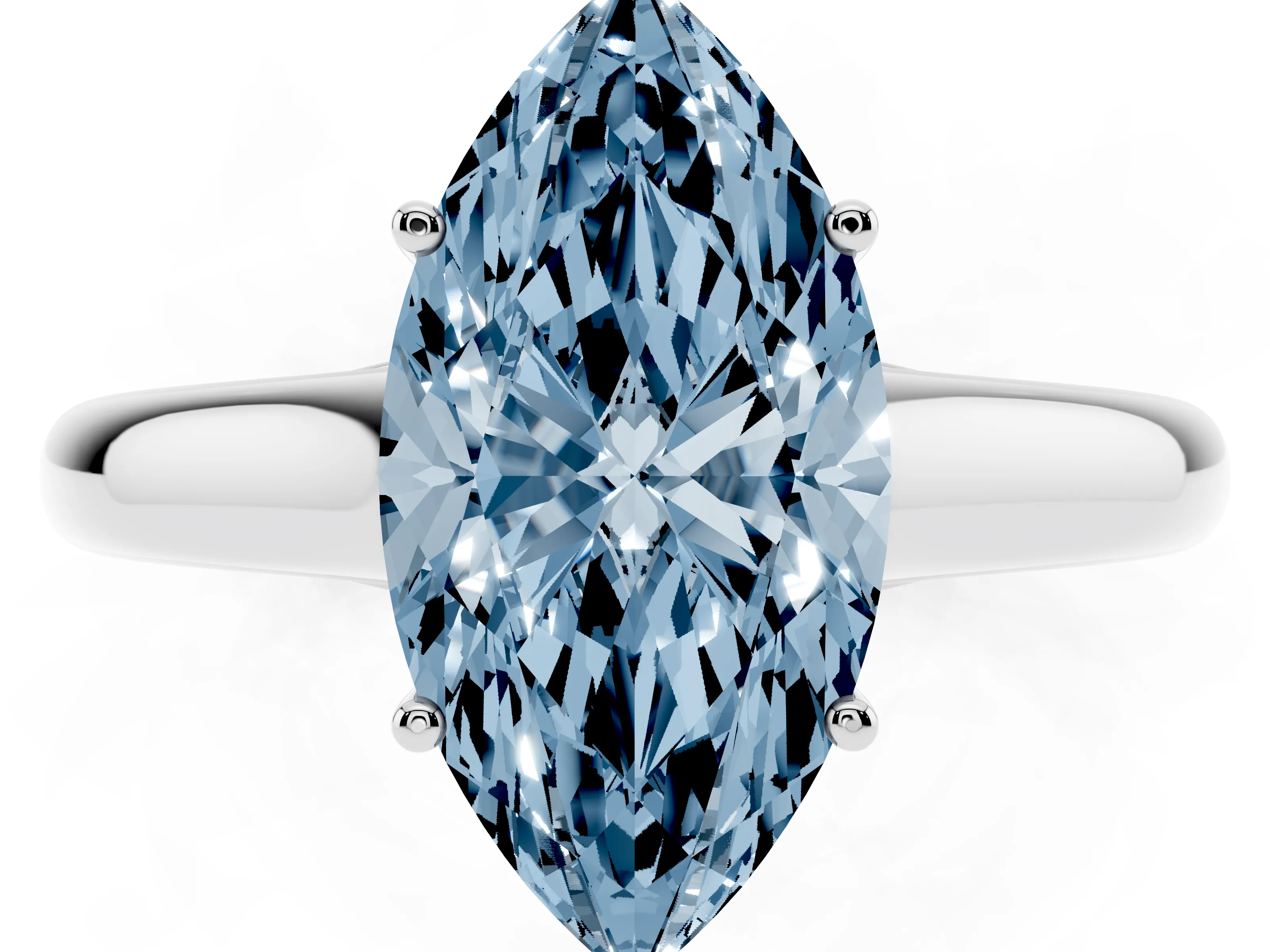 Fancy Blue Marquise Cut Diamond Solitaire Engagement Ring Set in White gold with Subtly Tapered Band and Prong Setting