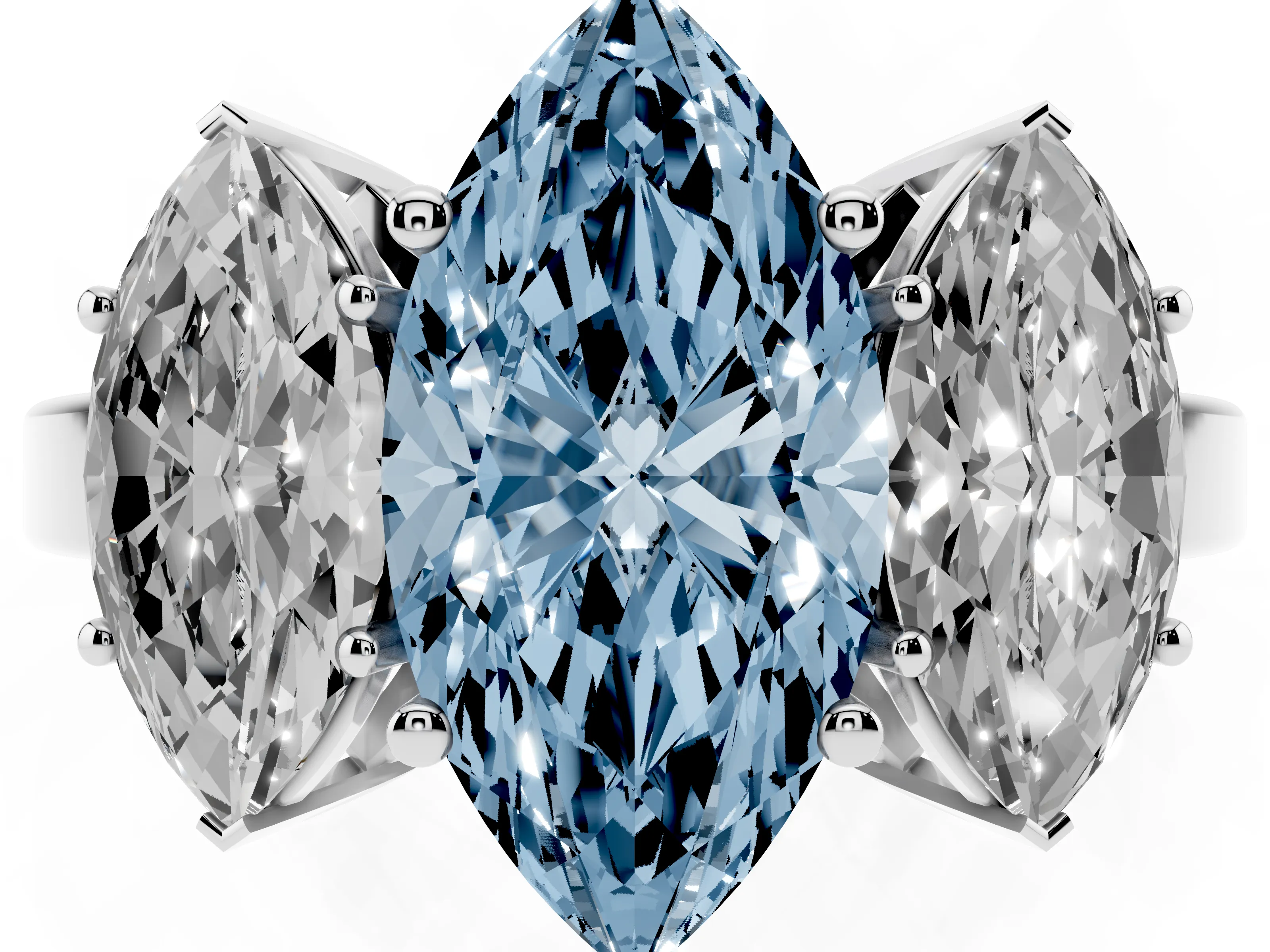 Fancy Blue Marquise Cut Diamond Three-Stone Engagement Ring Set in White gold with Flat Band