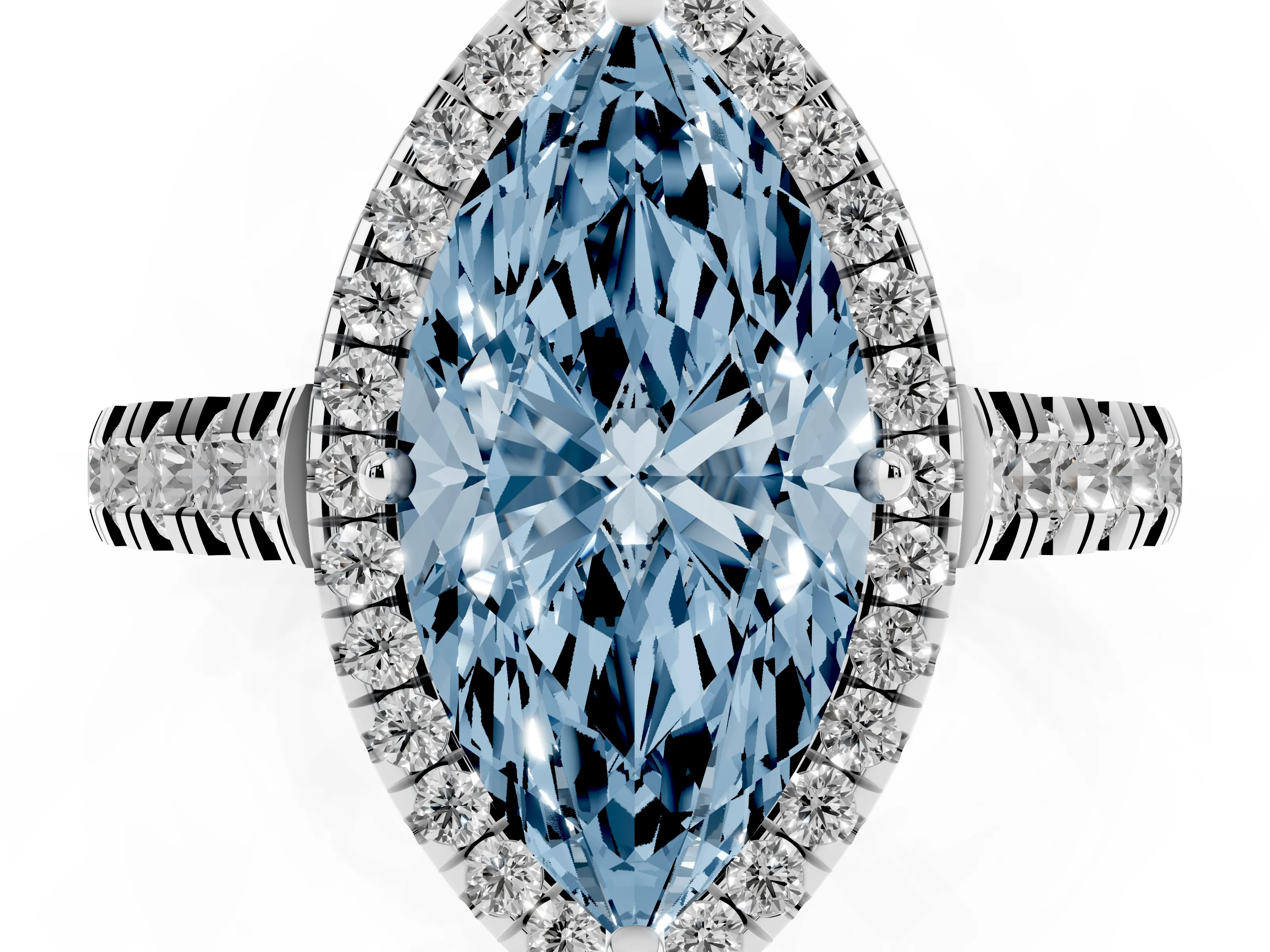 Fancy Blue Marquise Cut Diamond Halo Engagement Ring Set in White gold with Pavé Band and Prong-Set Center