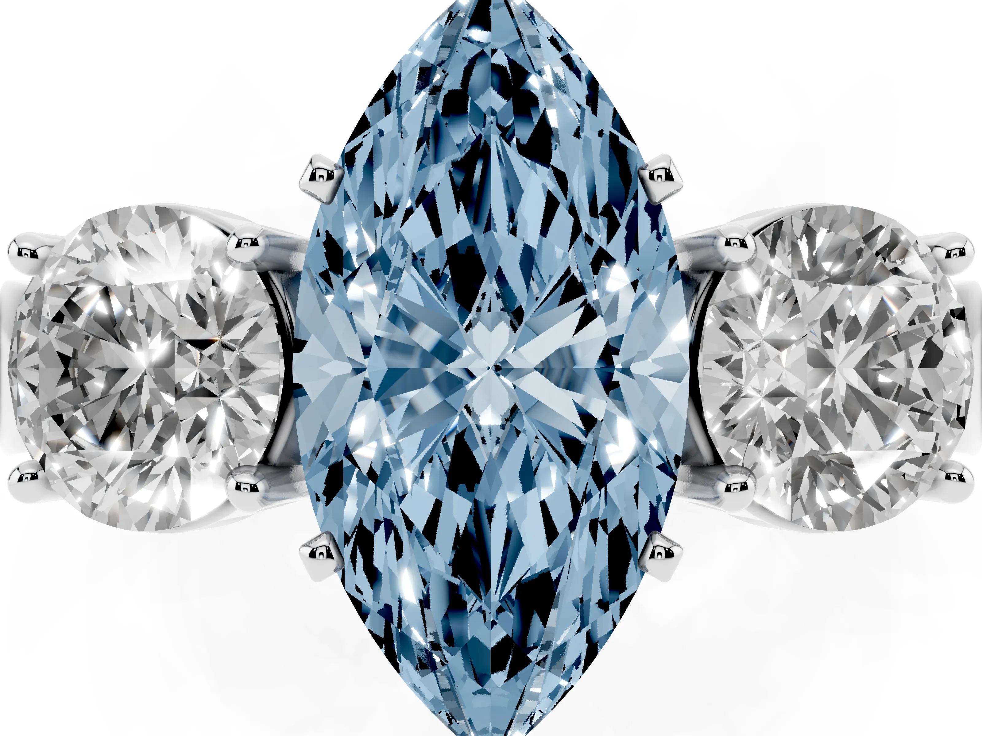 Fancy Blue Marquise Cut Diamond Three-Stone Ring Set in Platinum with Round Side Stones and Classic Band