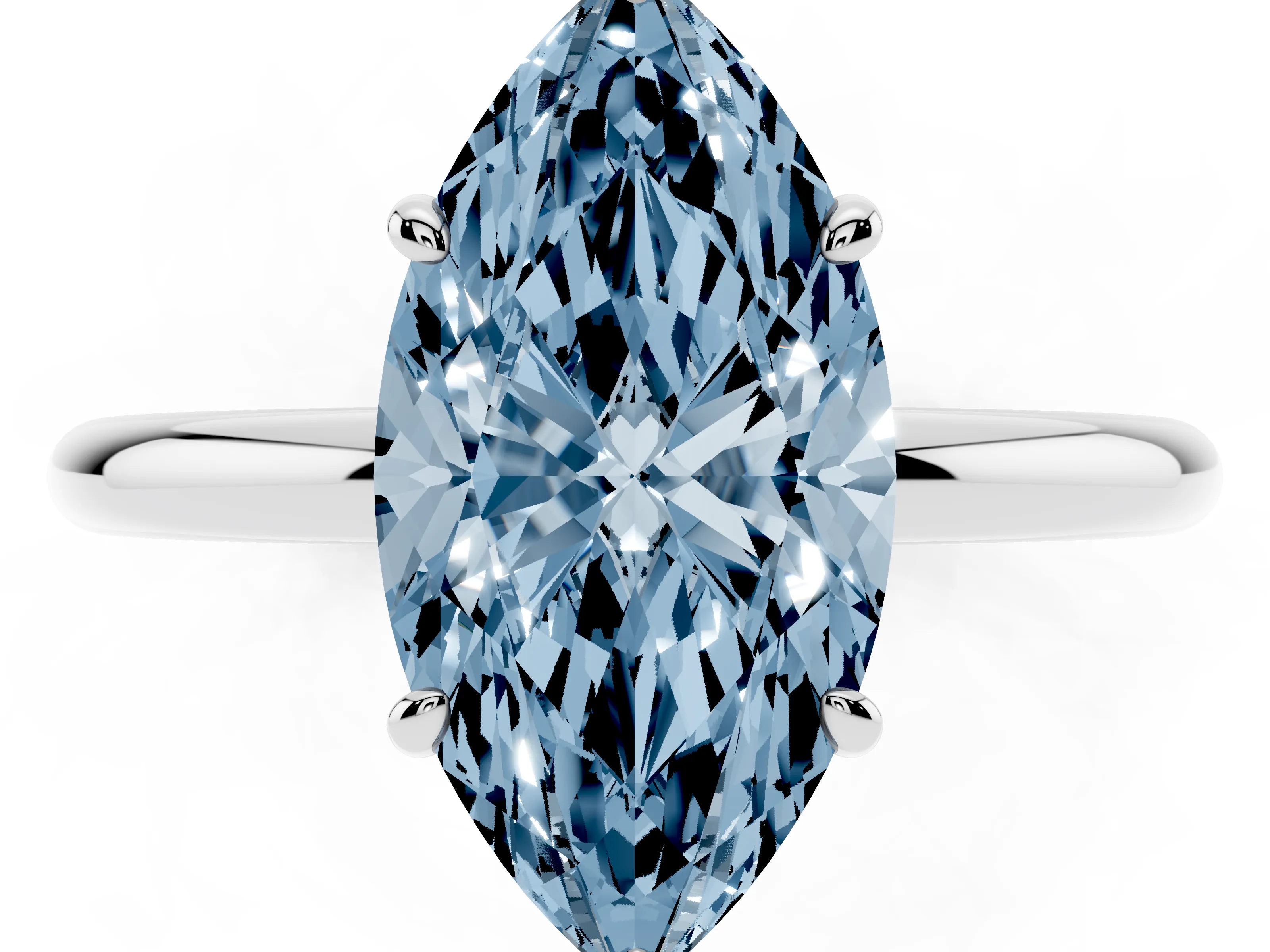 Fancy Blue Marquise Cut Diamond Solitaire Ring Set in Silver with Prong Setting on a Polished Plain Band