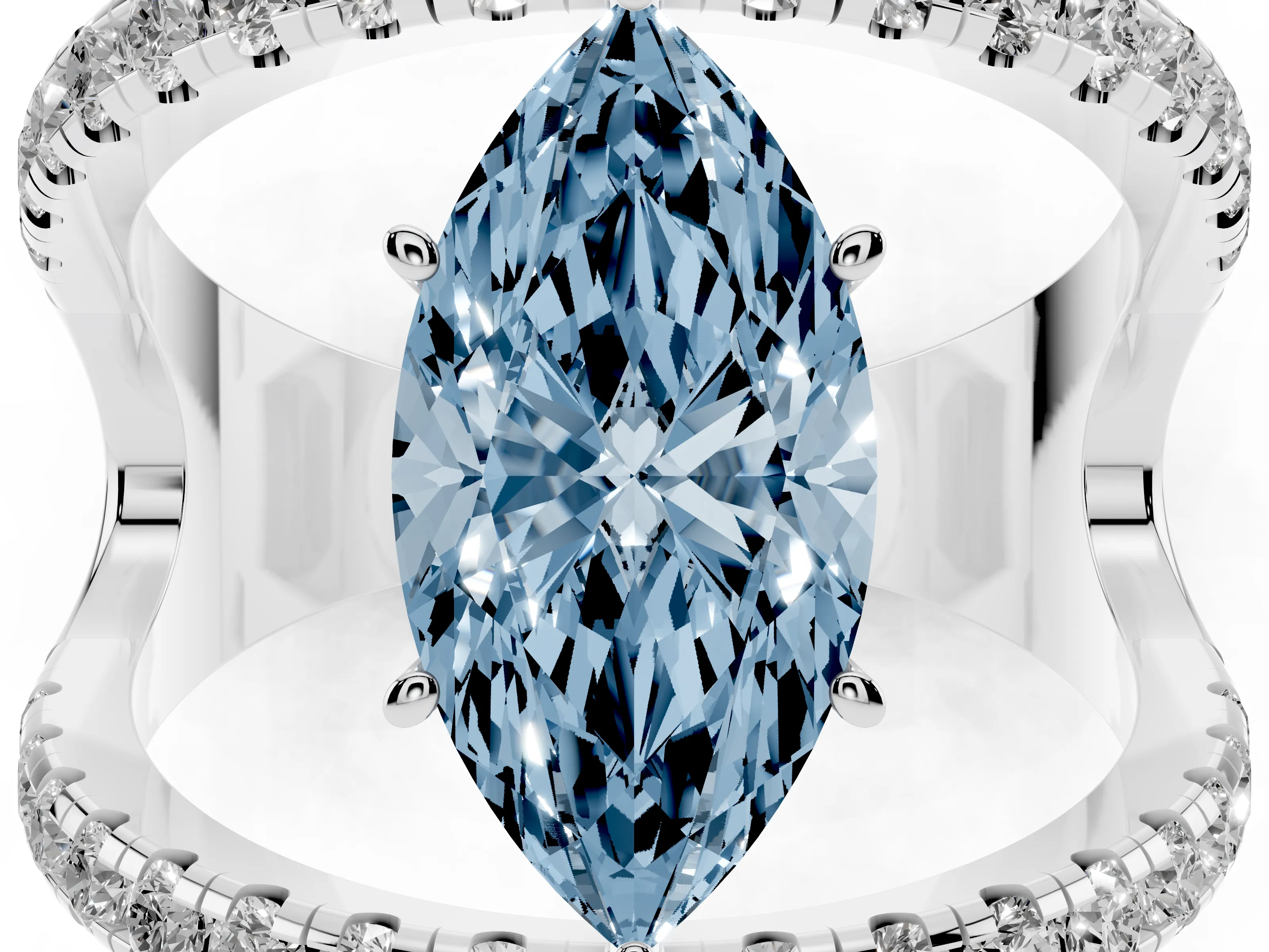 Fancy Blue Marquise Cut Diamond Split Shank Pavé Solitaire Ring Set in Platinum with Open Shank Design