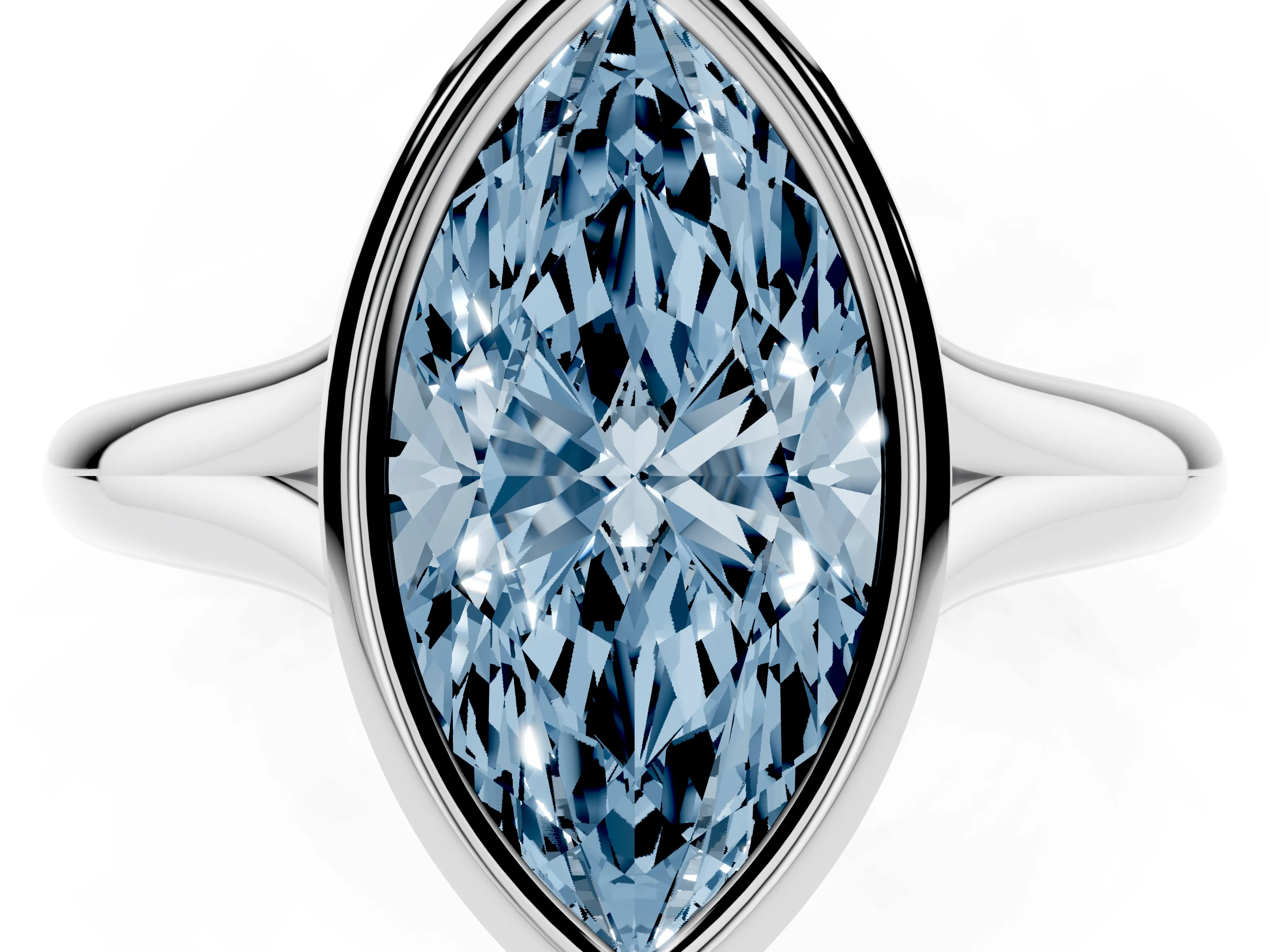 Fancy Blue Bezel Set Marquise Cut Diamond Solitaire Ring Set in Platinum with Smooth Band