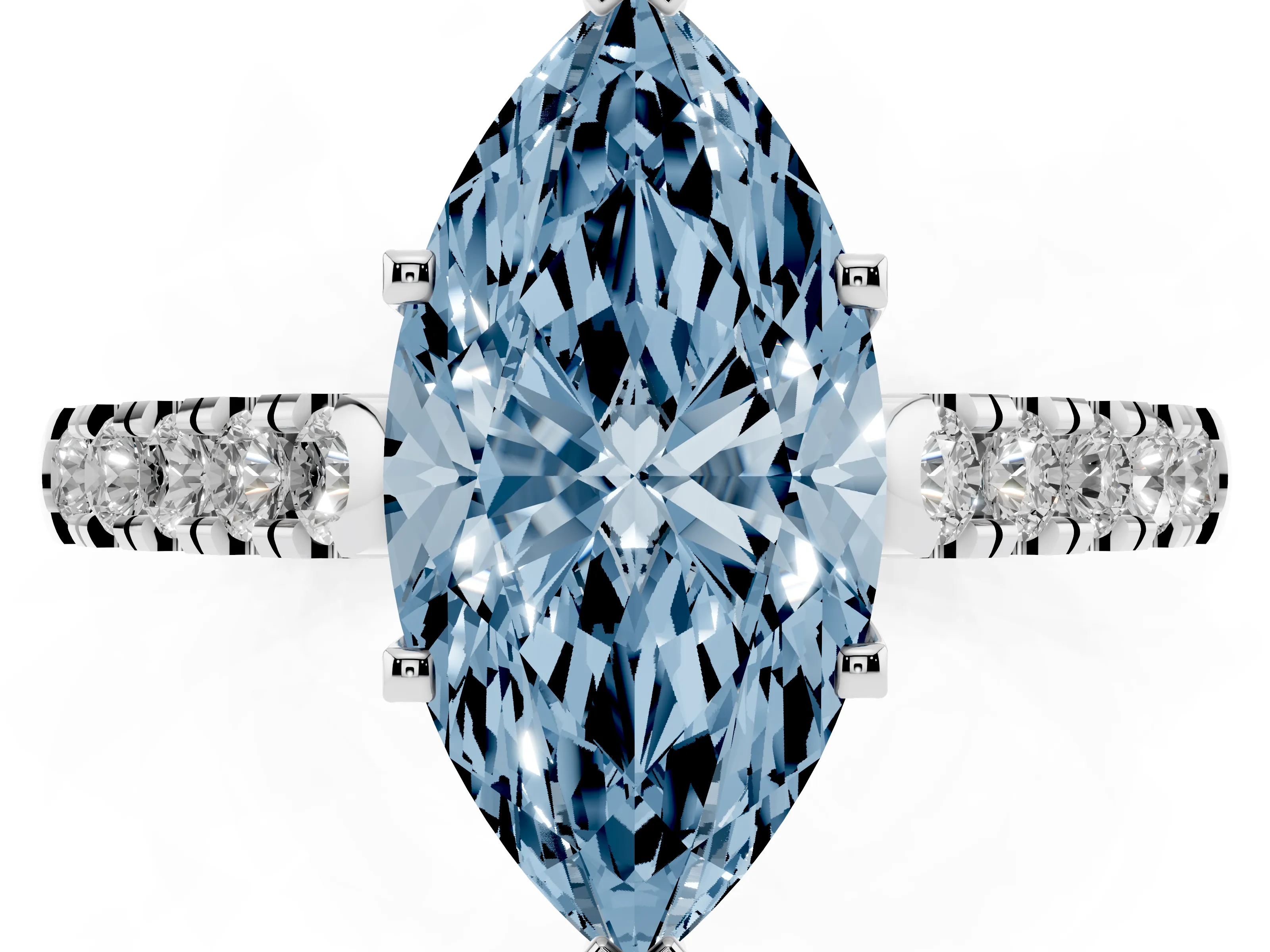Fancy Blue Marquise Cut Diamond Pavé Band Solitaire Ring Set in White gold with Partway Accent Stones and Prong Setting