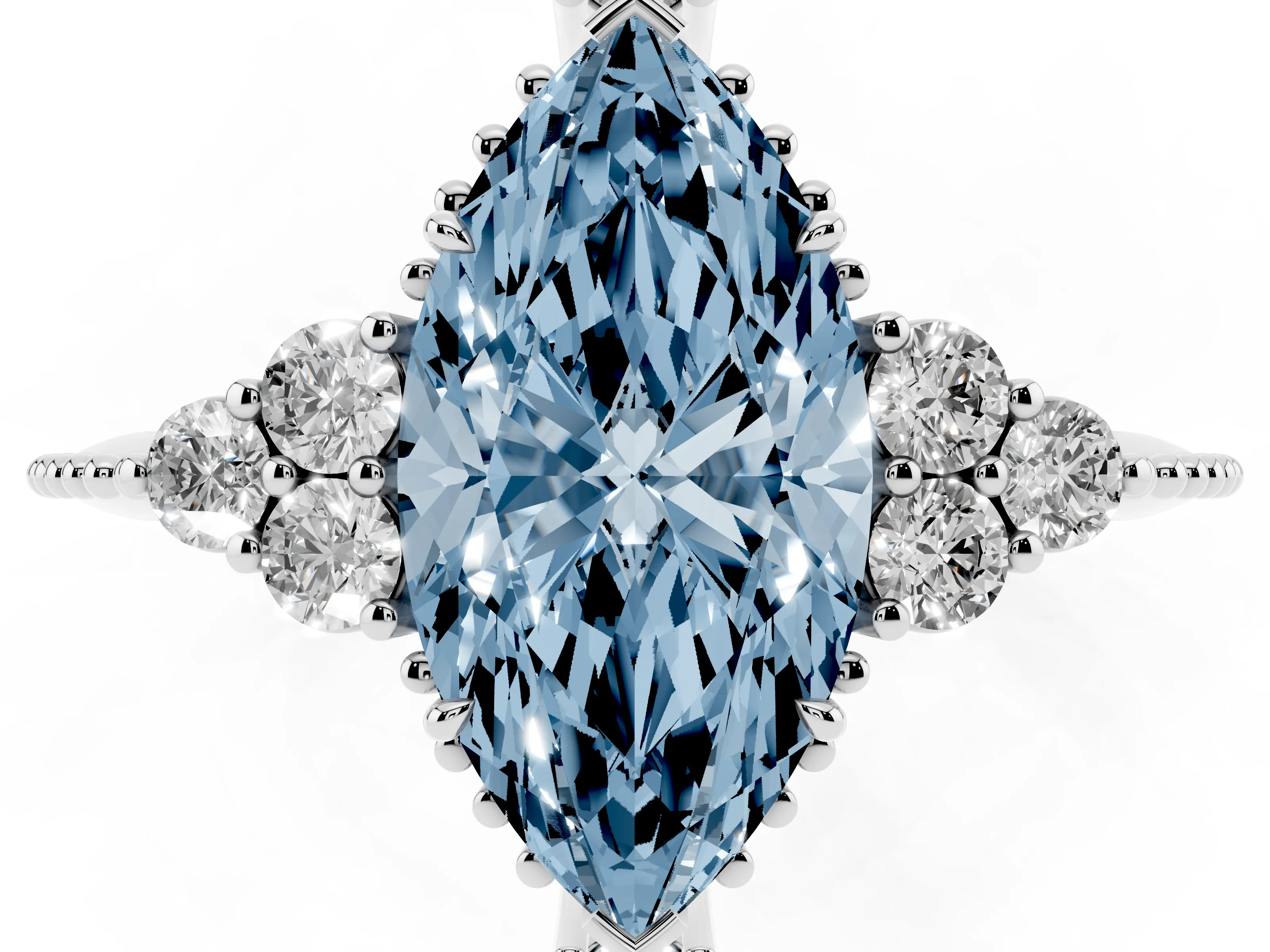 Fancy Blue Marquise Cut Diamond Cluster Ring Set in Silver with Beaded Band