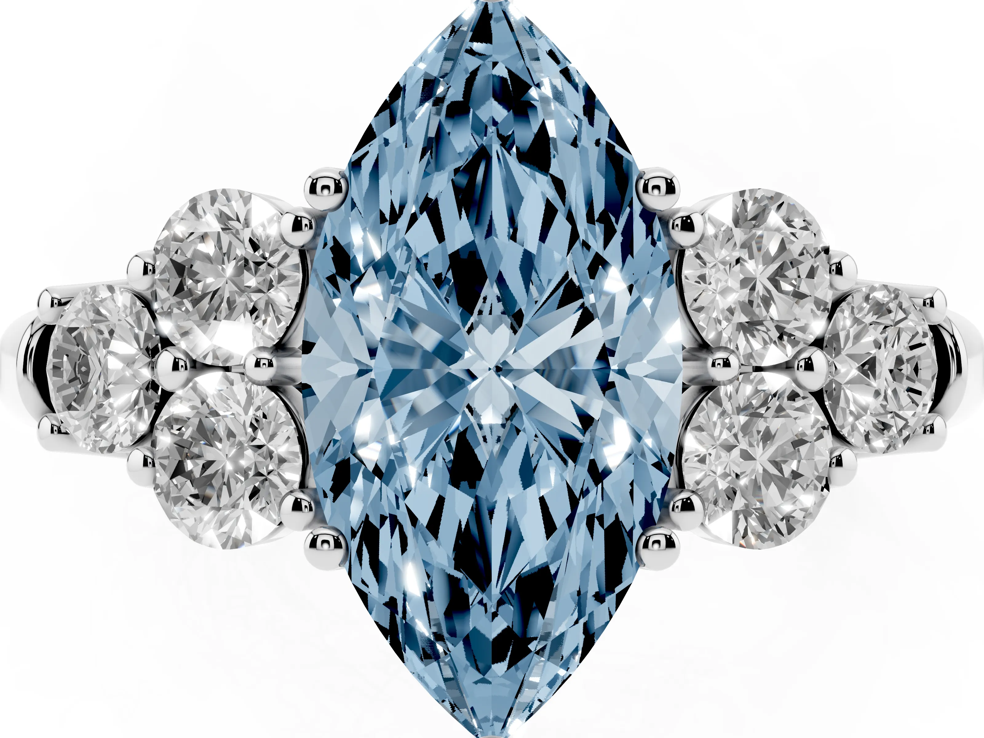 Fancy Blue Marquise Cut Diamond Cluster Ring Set in Platinum with Round Accent Stones and Prong Setting on a Plain Band