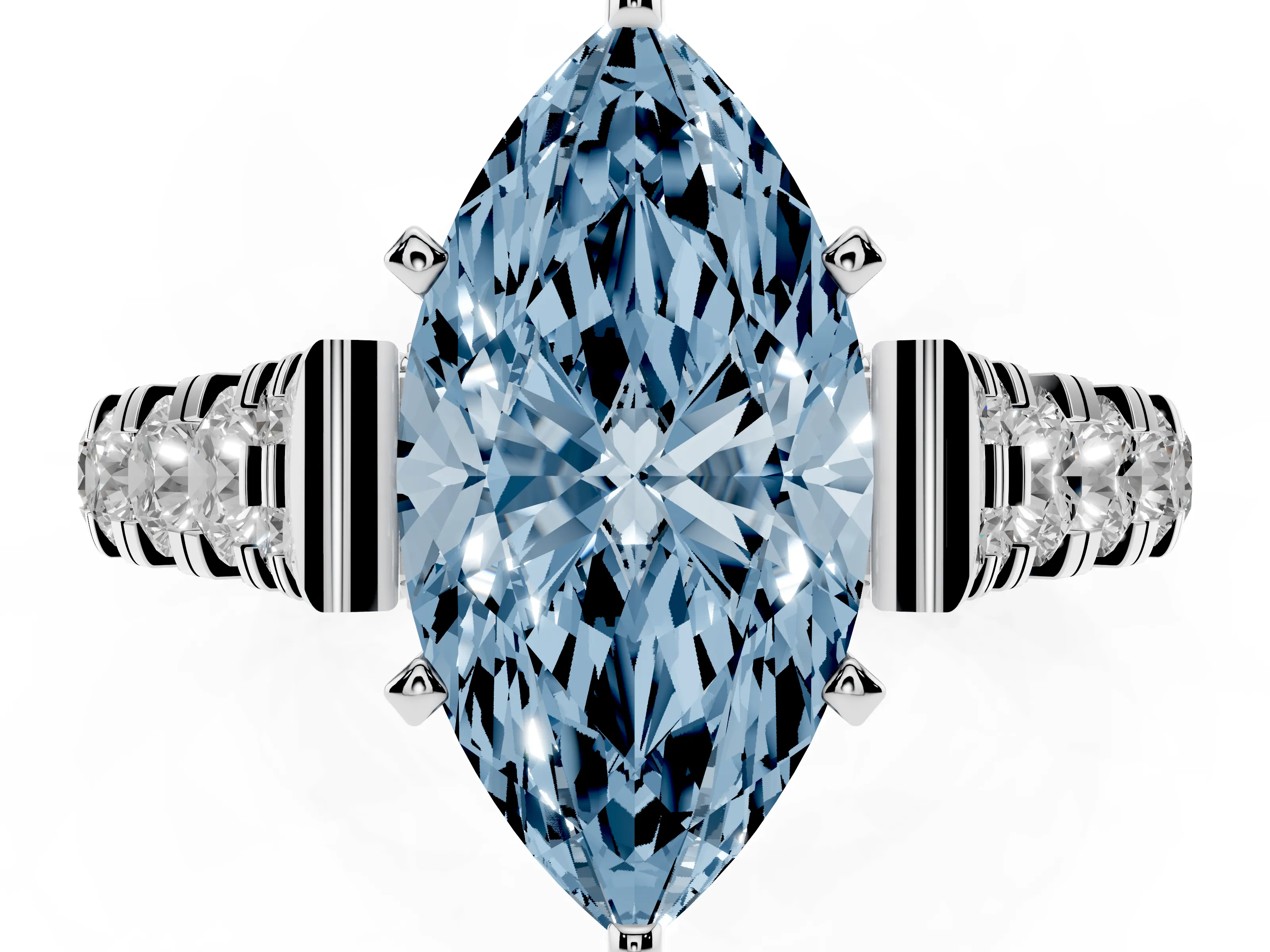 Fancy Blue Marquise Cut Diamond Classic Solitaire Ring Set in White gold with Pavé Band and Prong Setting