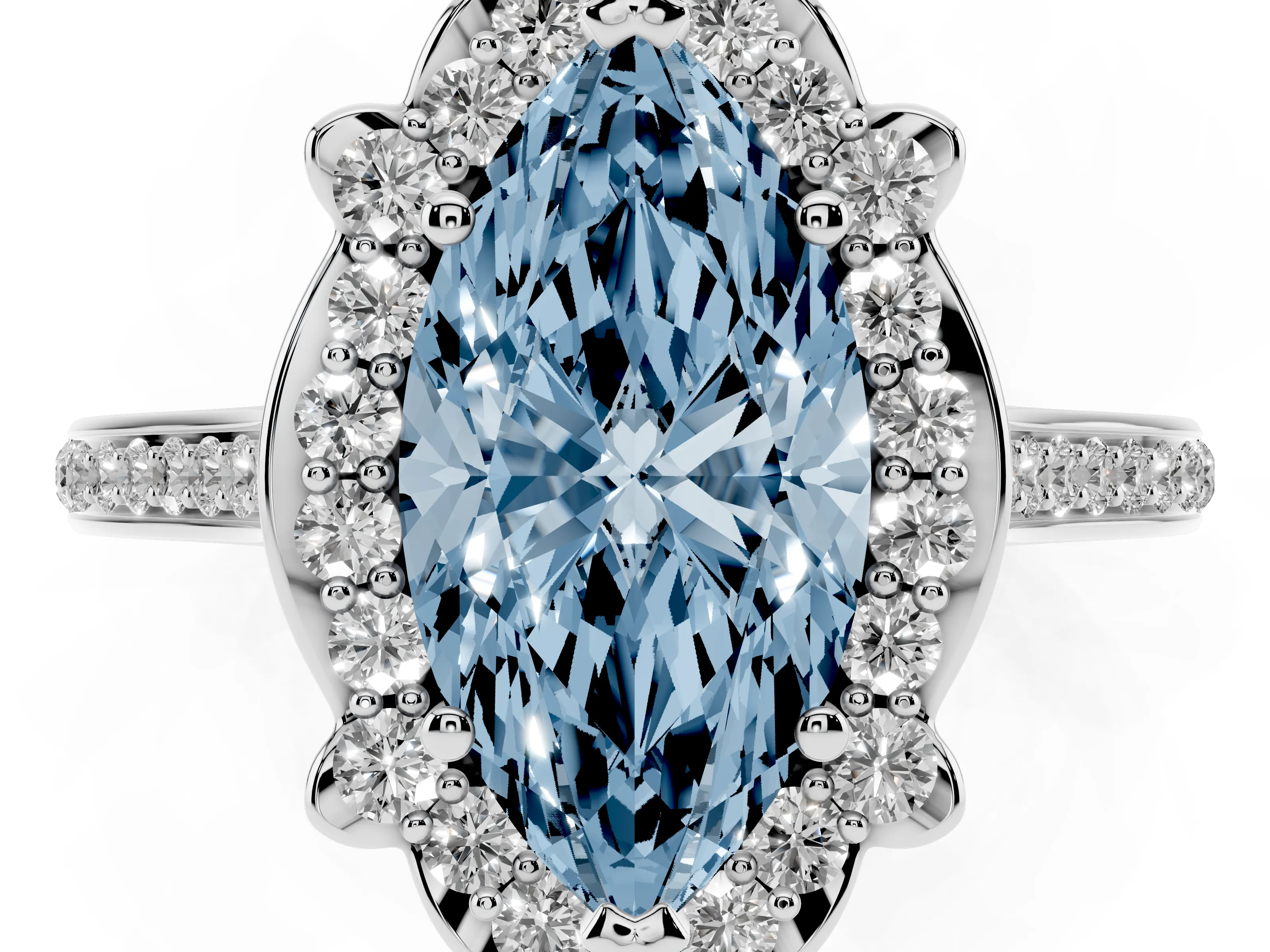 Fancy Blue Marquise Cut Diamond Halo Ring Set in White gold with Pavé-Lined Shoulders and Prong Setting