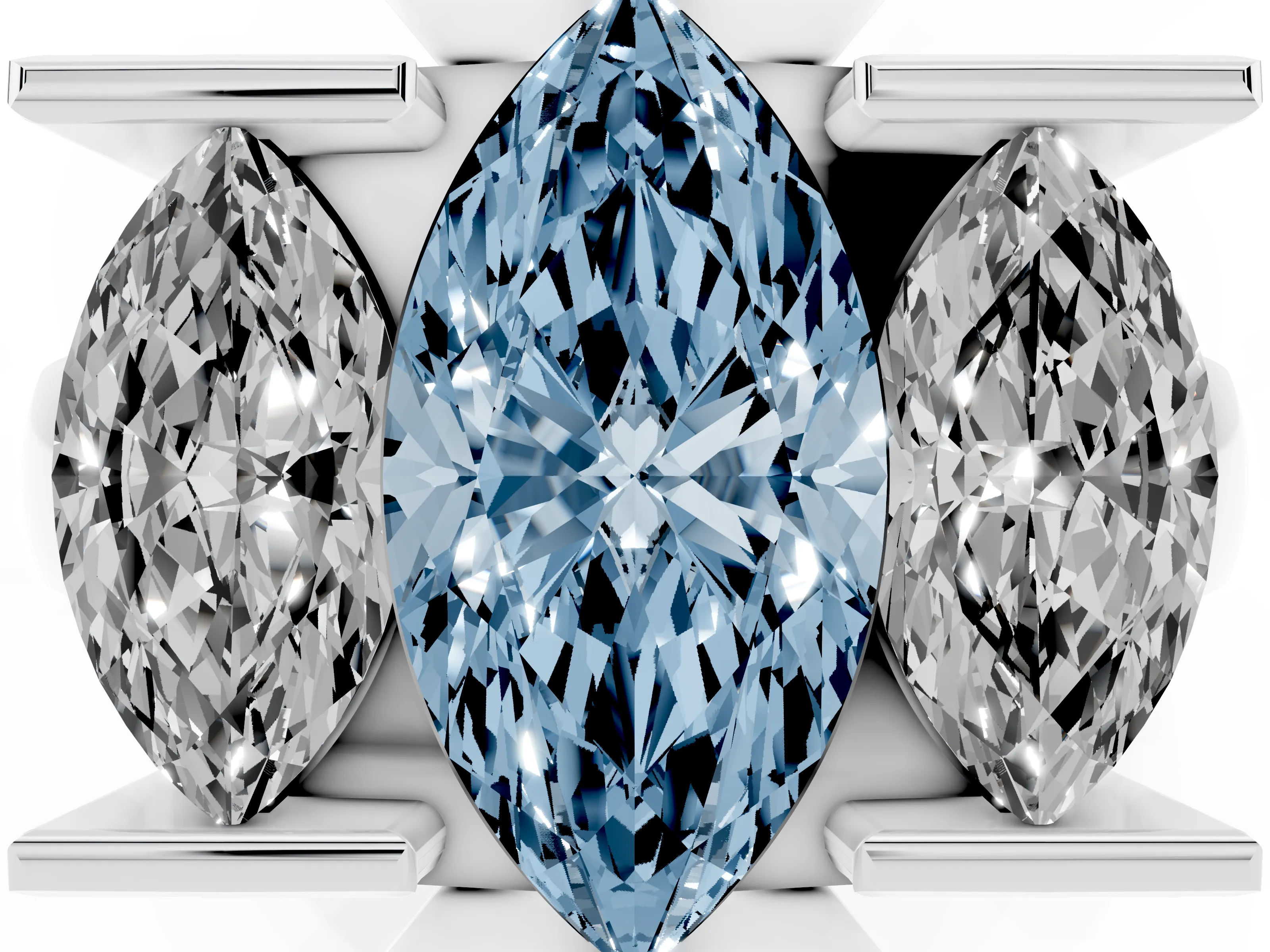 Fancy Blue Marquise Cut Diamond Three-Stone Channel Set Ring Set in White gold with Smooth Polished Band