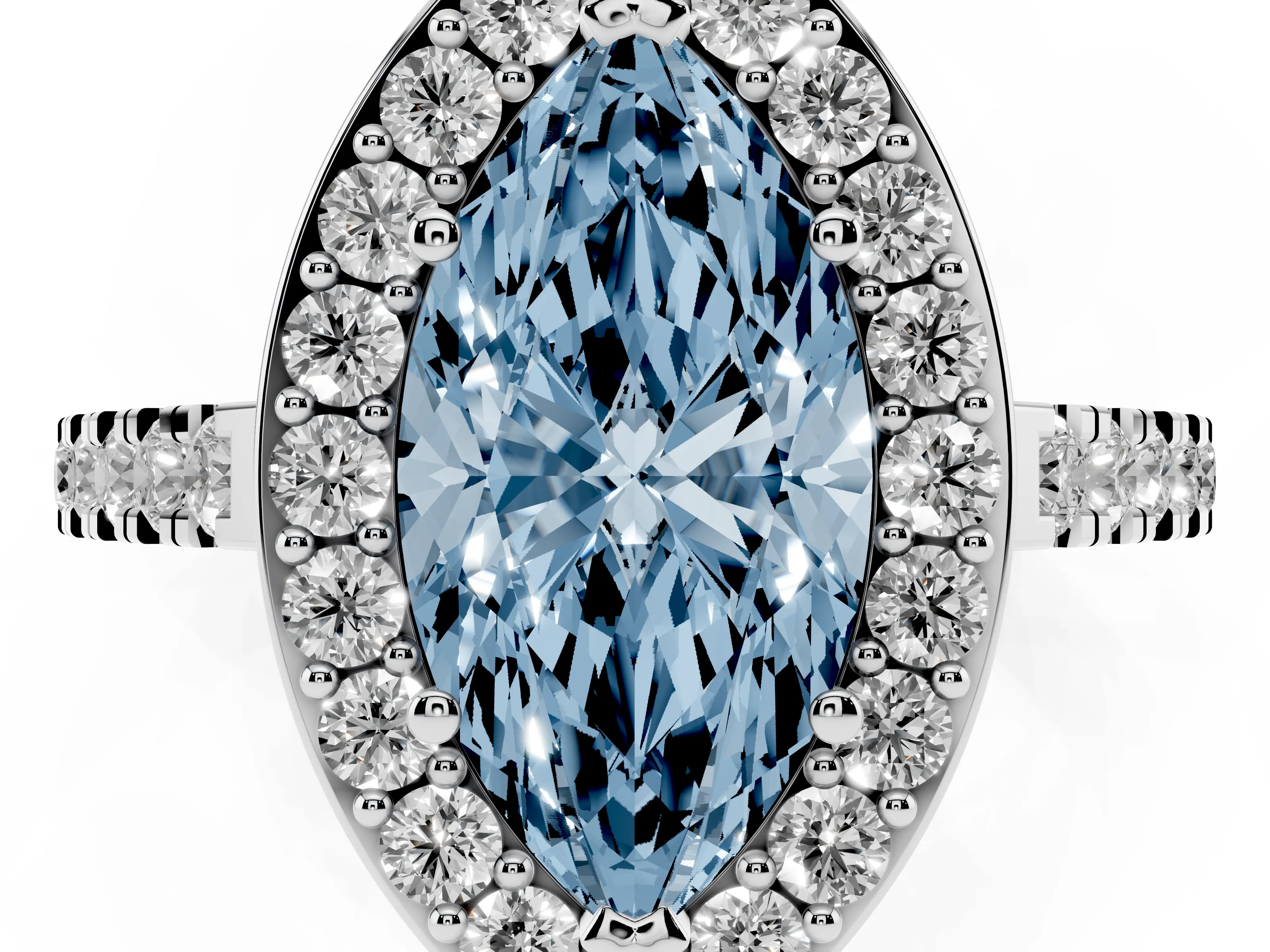 Fancy Blue Marquise Cut Diamond Halo Ring Set in White gold with Round Pavé Split Shank and Prong Setting