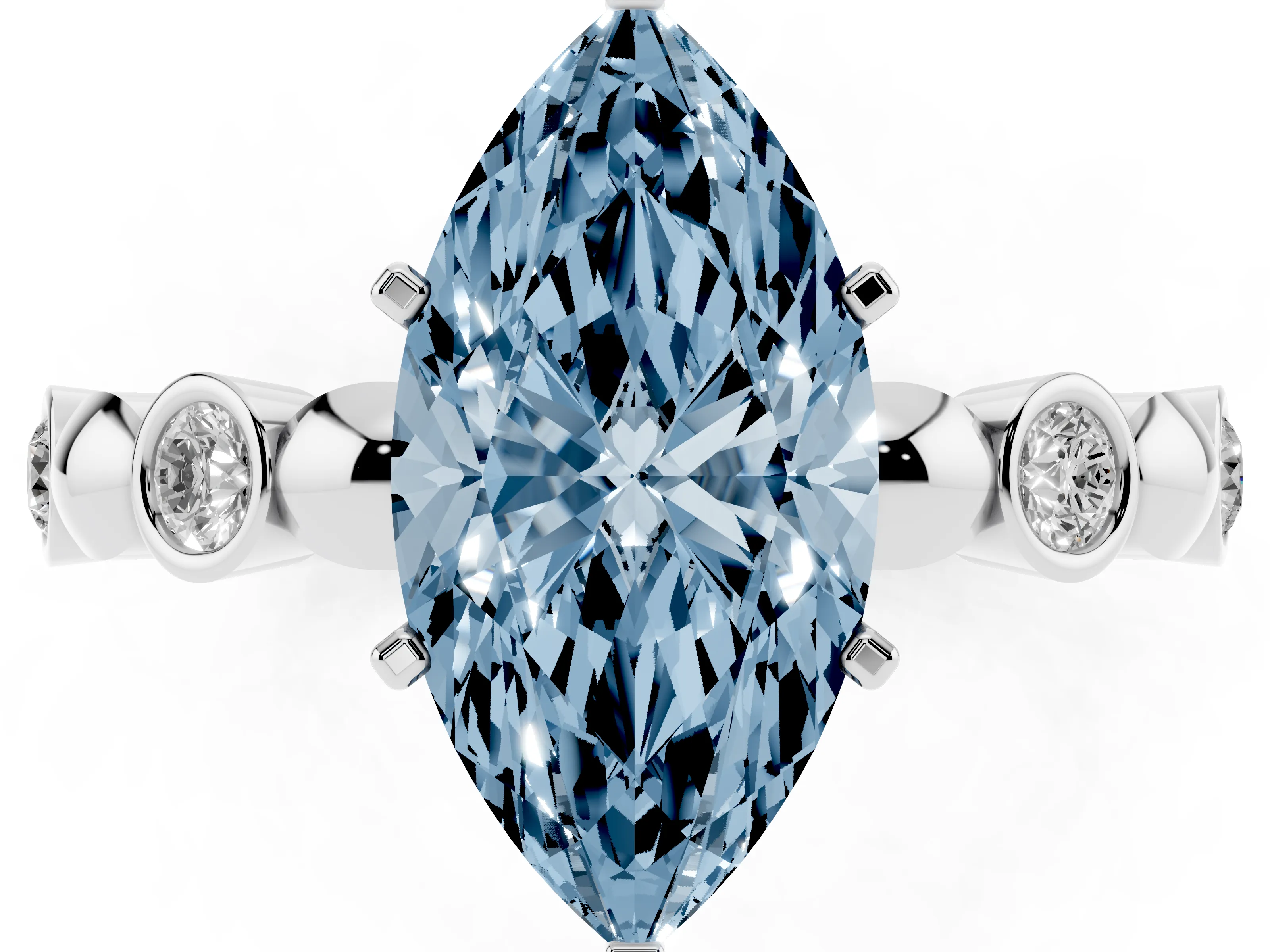 Fancy Blue Marquise Cut Diamond Solitaire Ring Set in Silver with Bezel-Set Accents on Beaded Band and Prong Setting