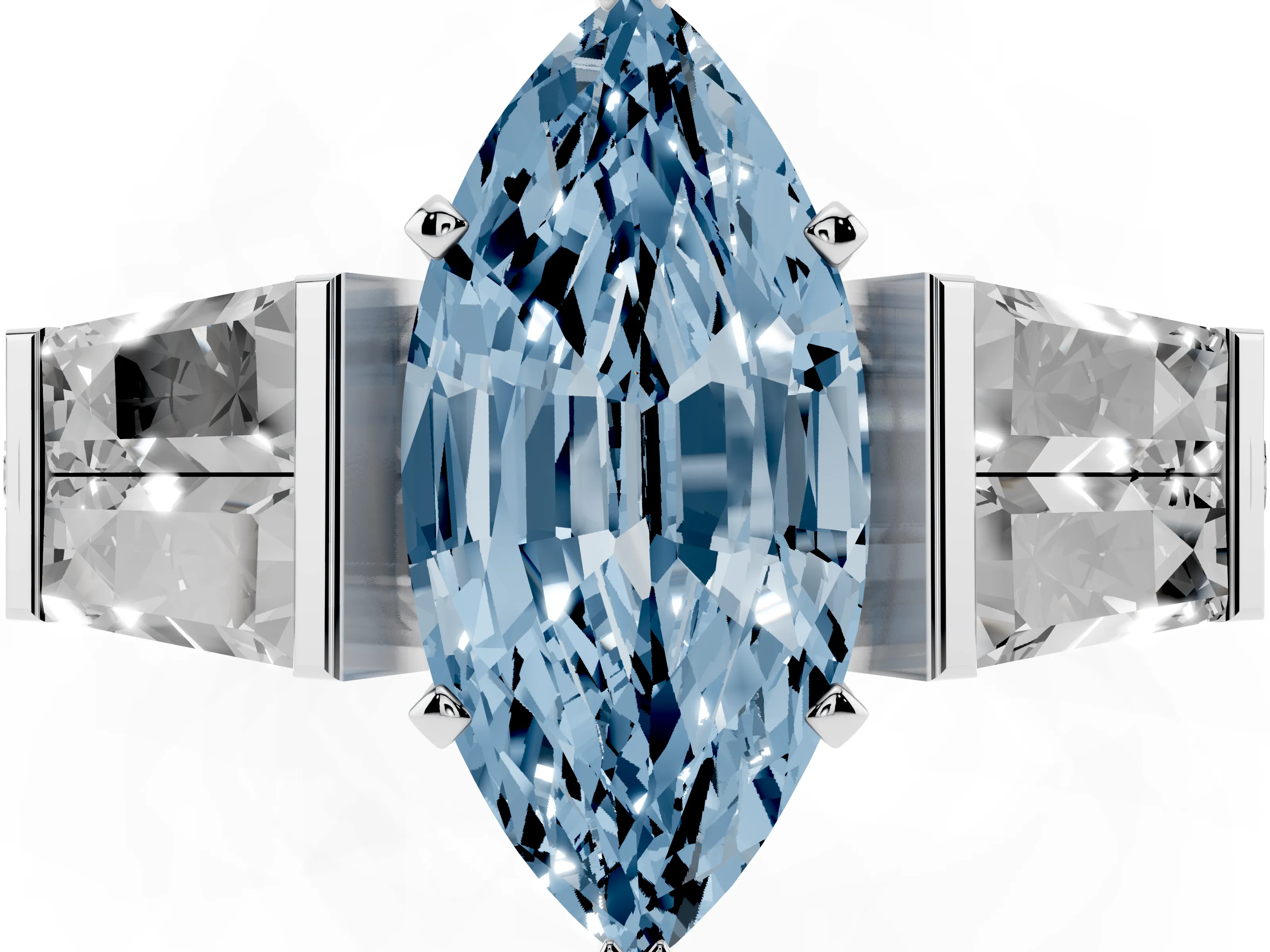 Fancy Blue Marquise Cut Diamond Engagement Ring Set in Silver with Baguette Side Stones and Channel Set Band
