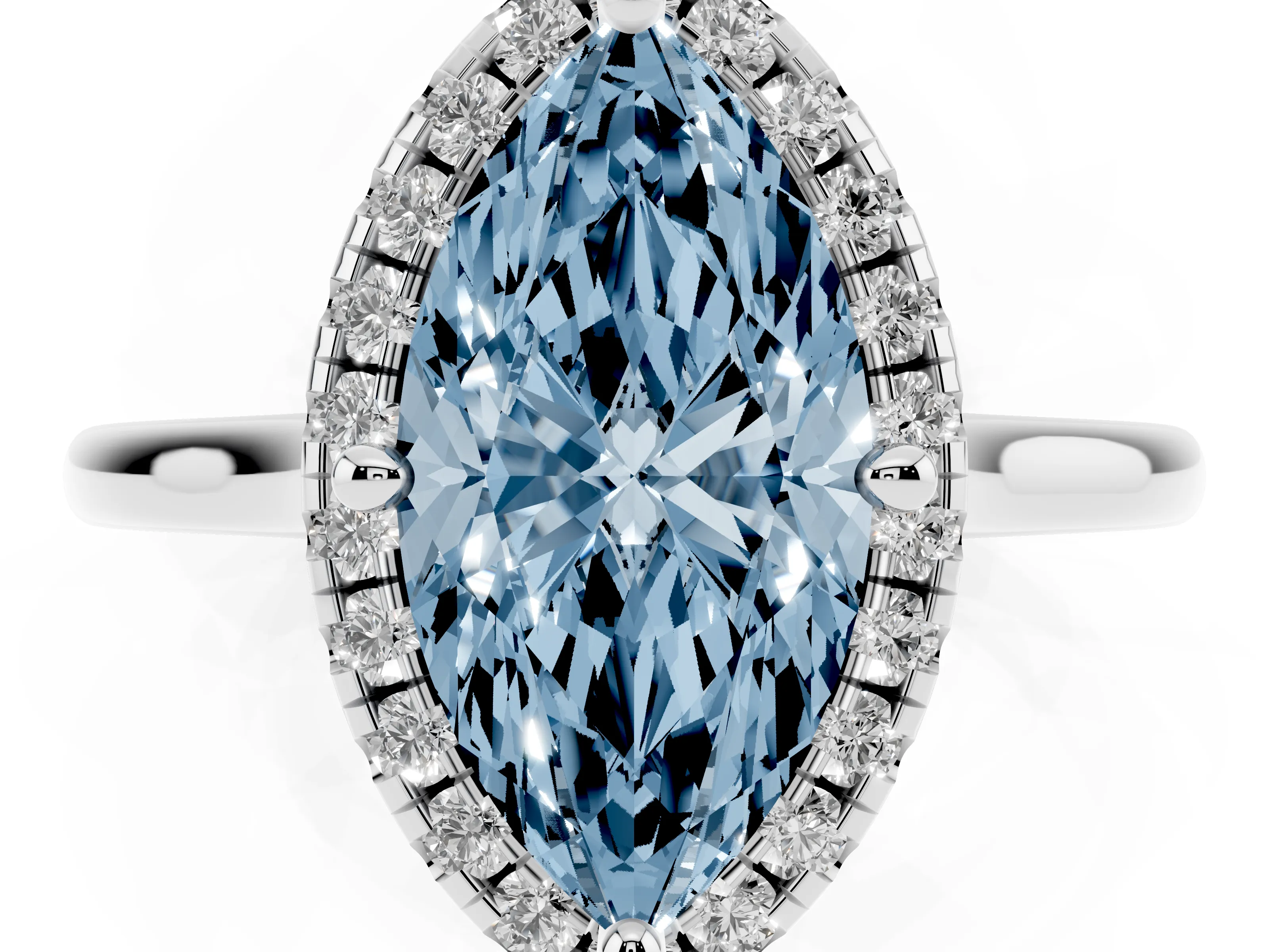Fancy Blue Marquise Cut Diamond Halo Engagement Ring Set in Silver with Pavé Band and Rising Shoulders